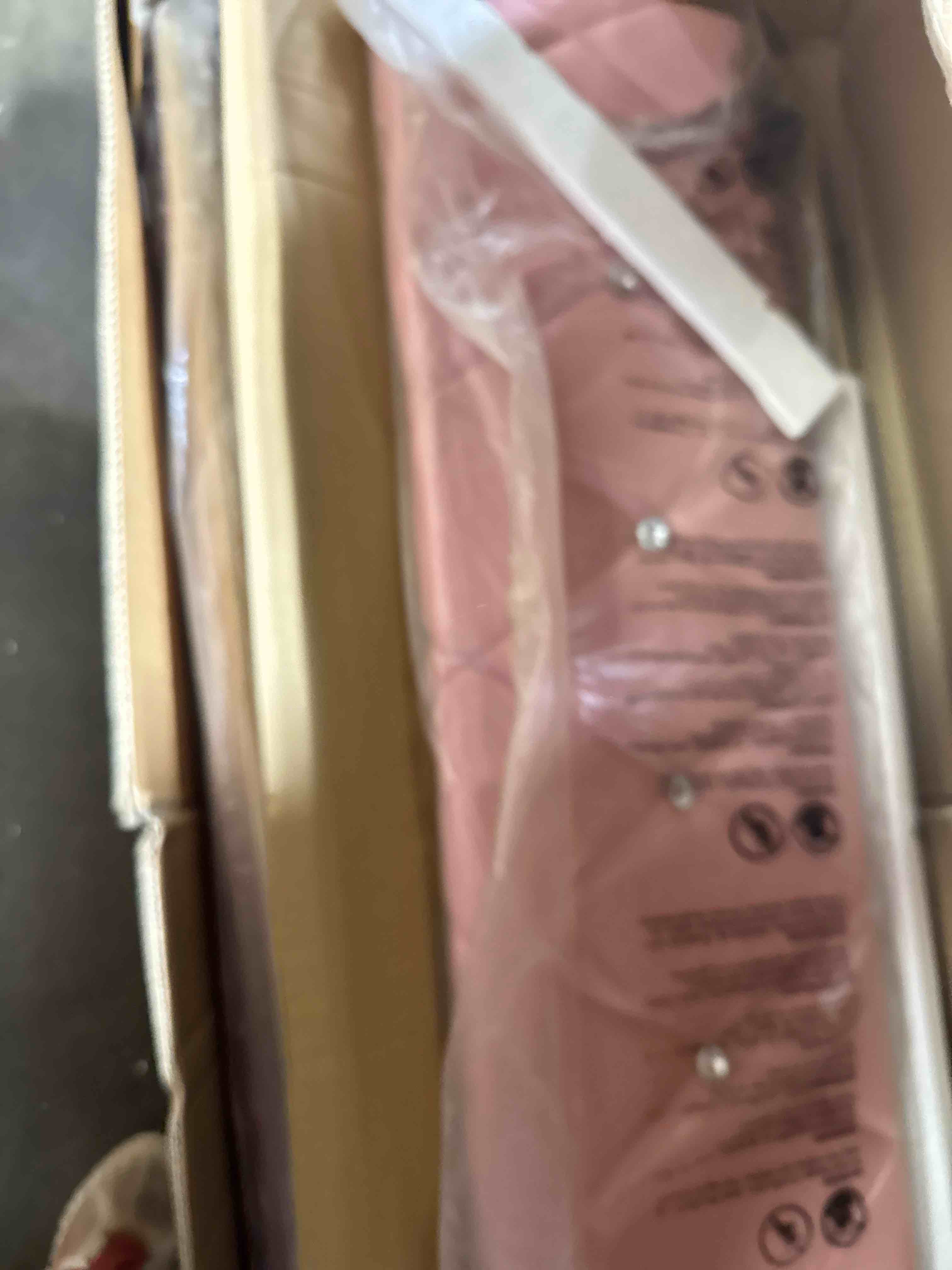 Condition photo showing New/Like New for hombck queen bed frame with diamond headboard, faux leather upholstered platform bed, mattress foundation, no box spring needed, easy assembly, pink