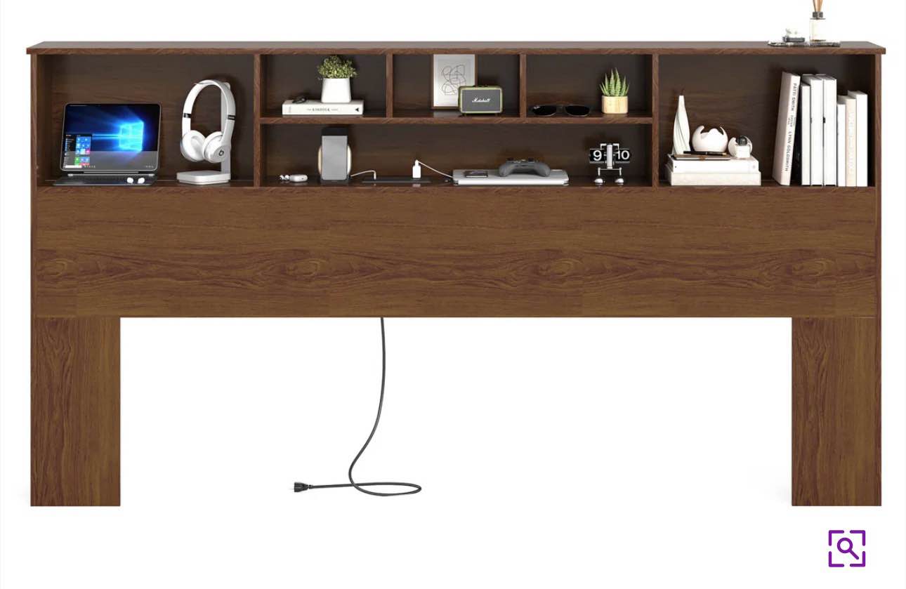 modern wooden bookcase headboard with adjustable led lights & charging station queen size