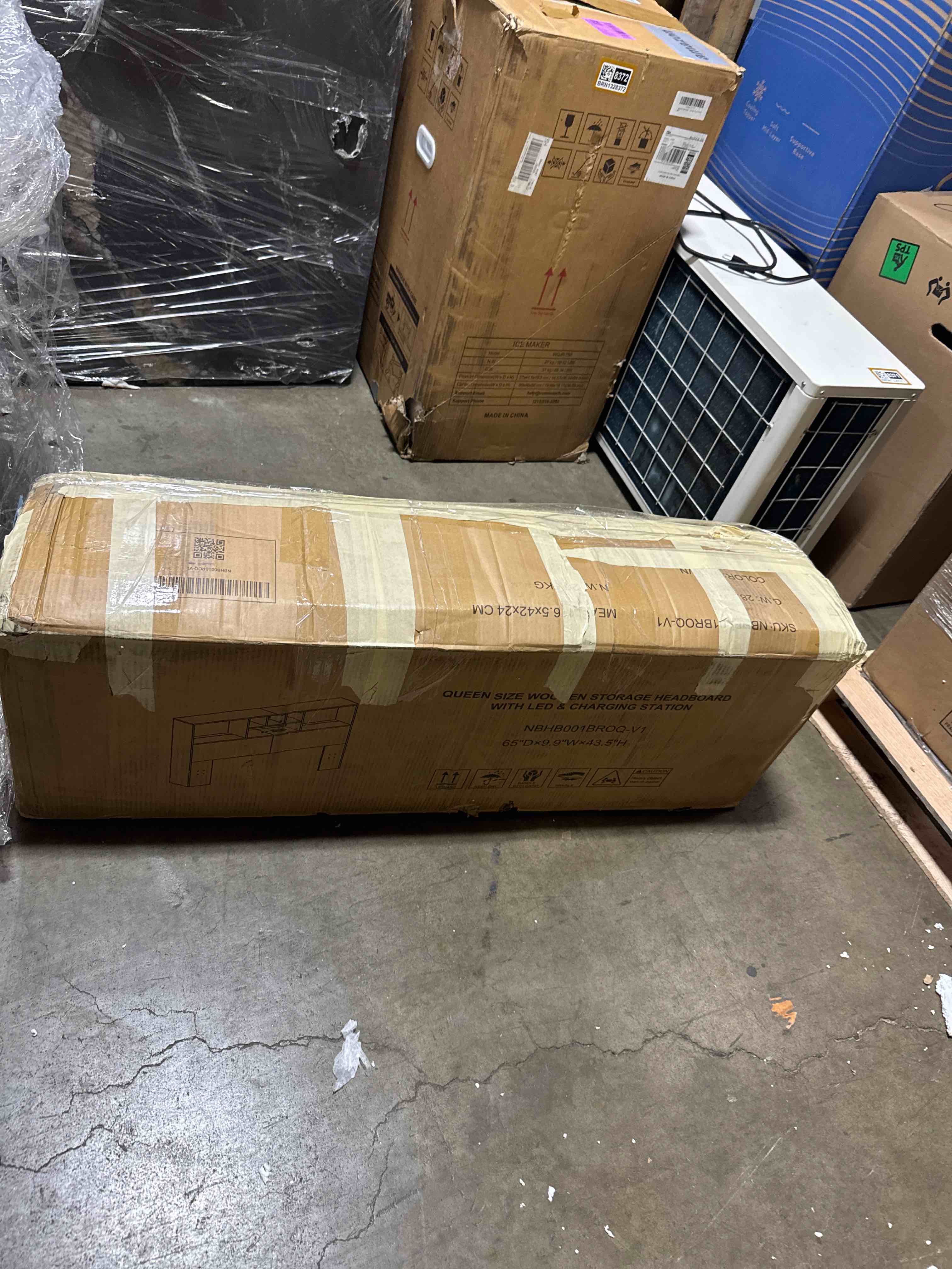 Condition photo showing Good Condition for modern wooden bookcase headboard with adjustable led lights & charging station queen size