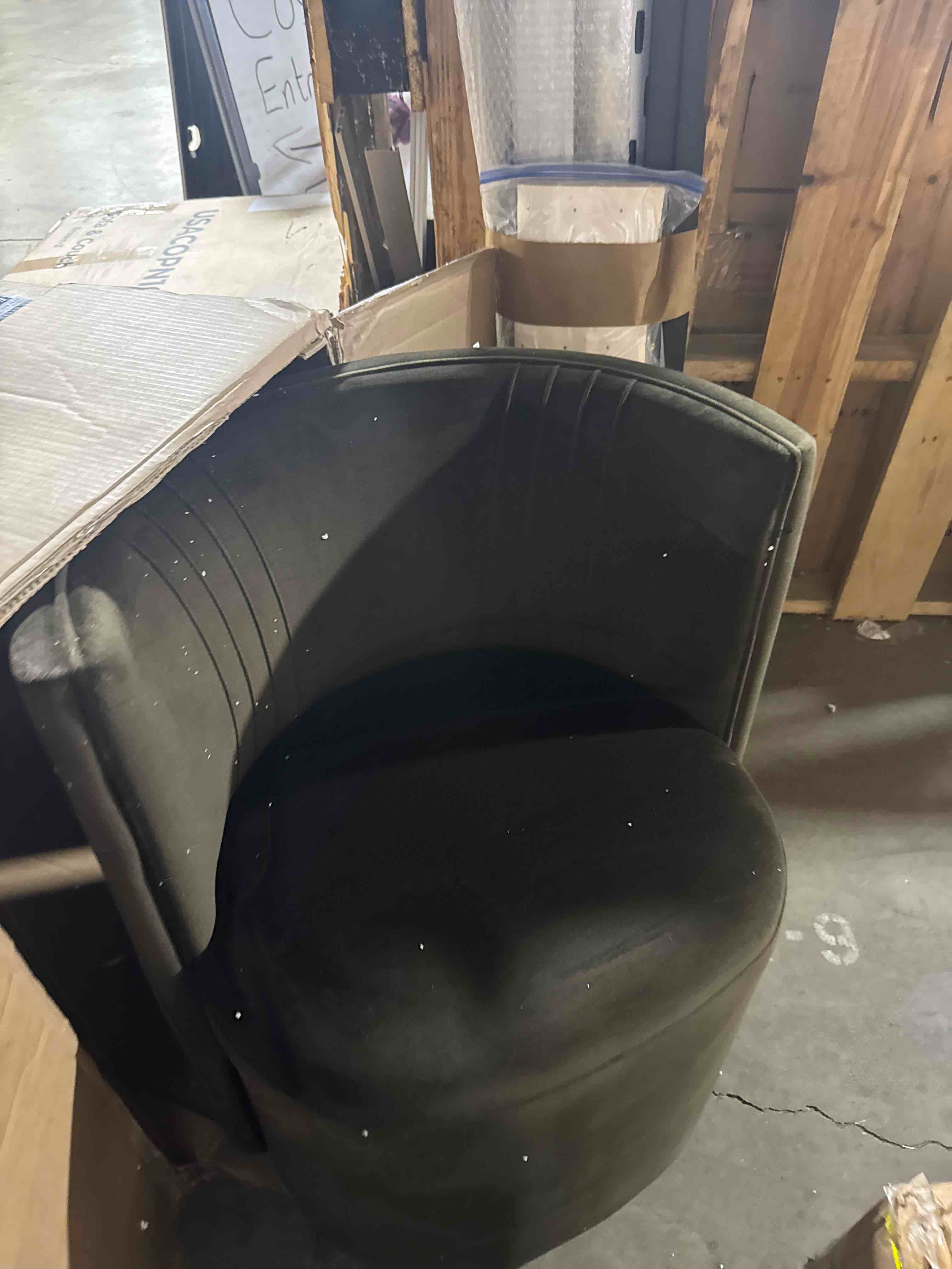 Condition photo showing New/Like New for bella modern small velvet swivel barrel chair (1-piece) ( similar to one in stock))