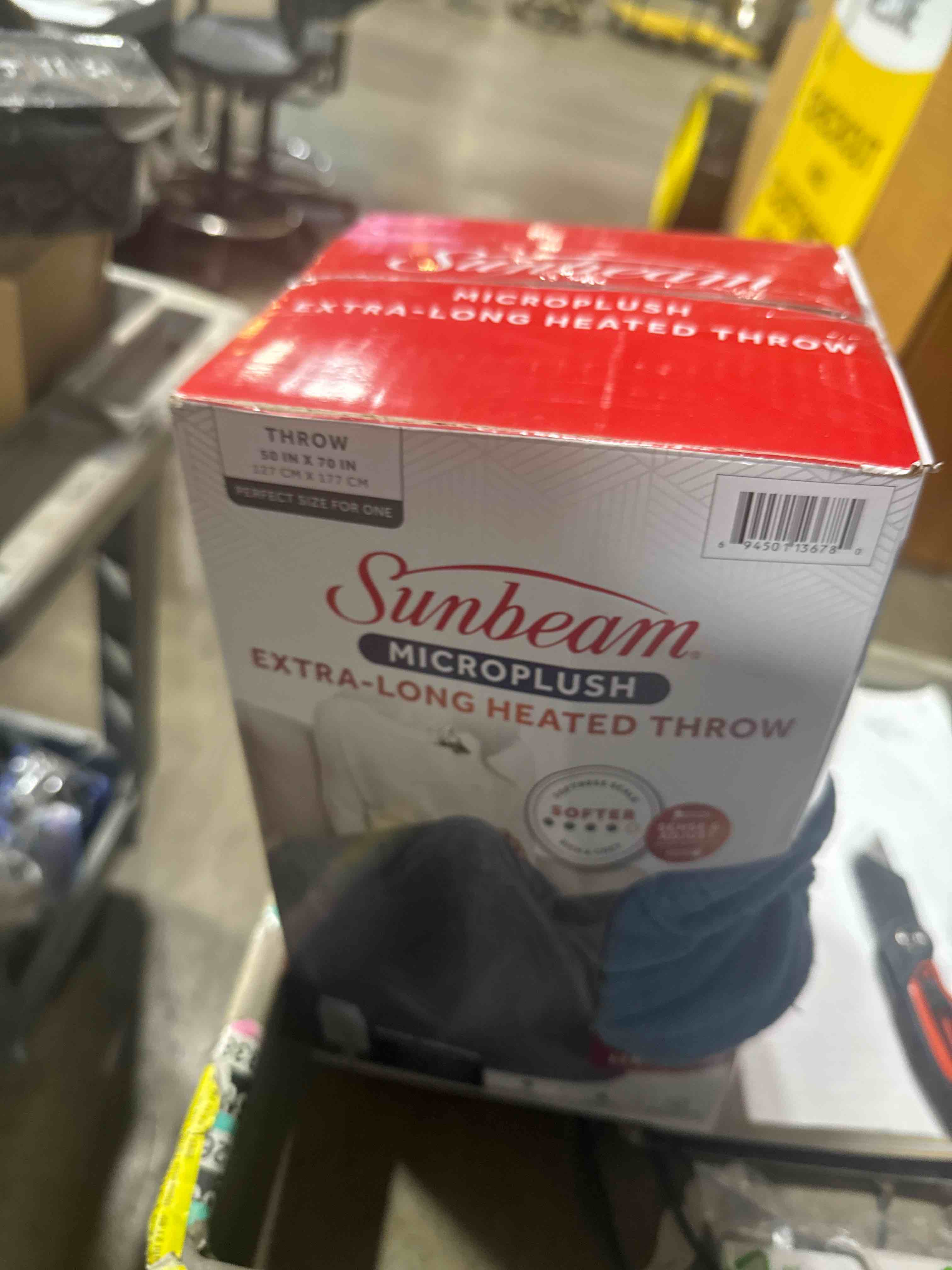 Condition photo showing New/Like New for sunbeam electric heated throw blanket oversize blue corduroy microplush 4 heat settings