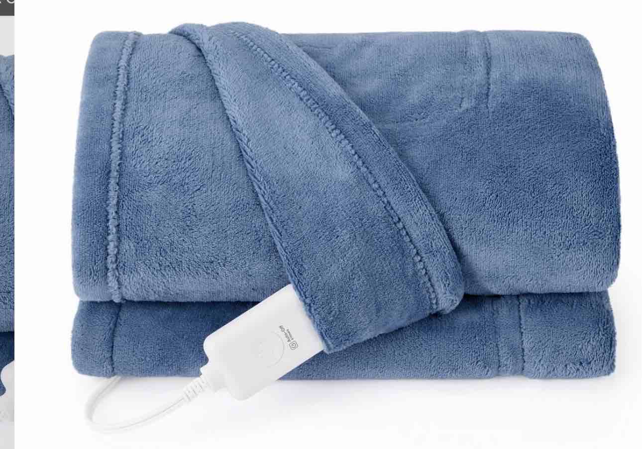 sunbeam electric heated throw blanket oversize blue corduroy microplush 4 heat settings