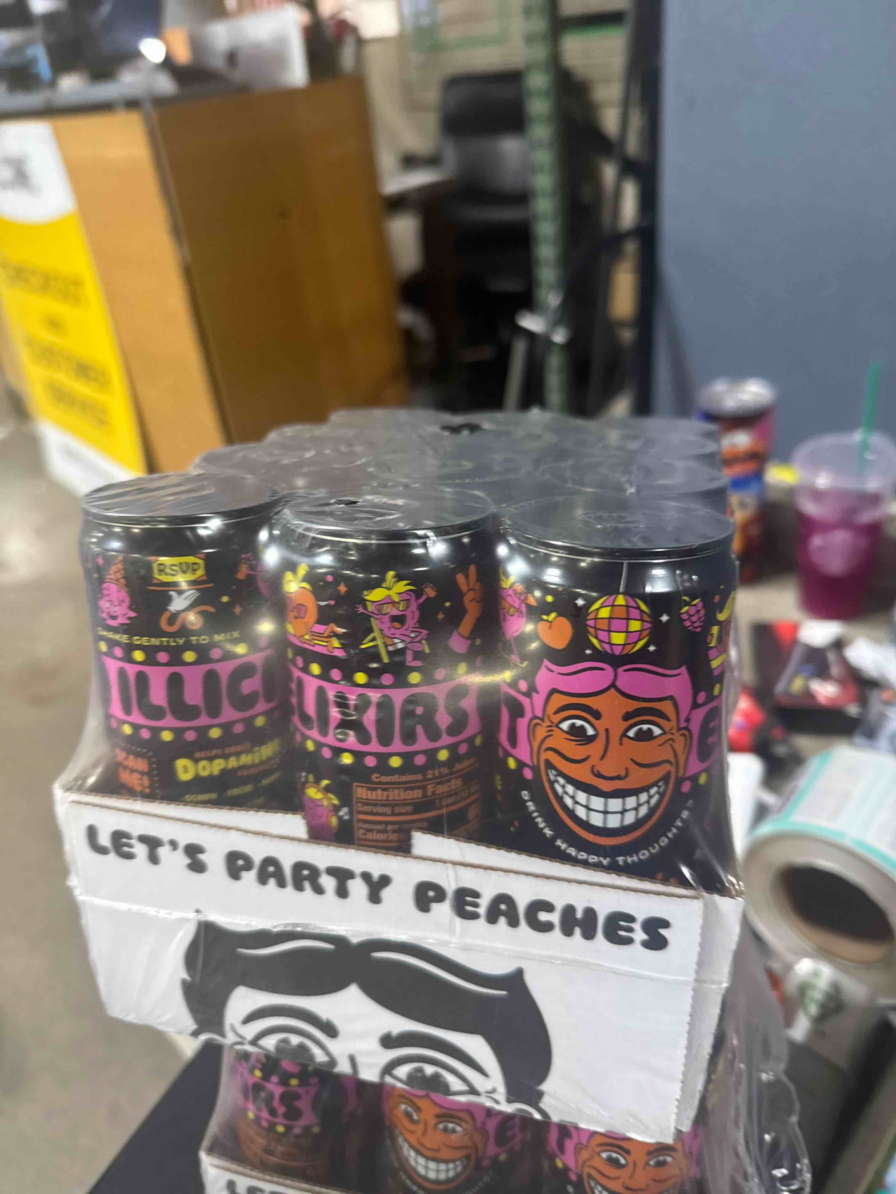 Condition photo showing New/Like New for illicit elixirs let s party peaches - sparkling juice drink - supports dopamine production - 12 pack - 12 oz cans