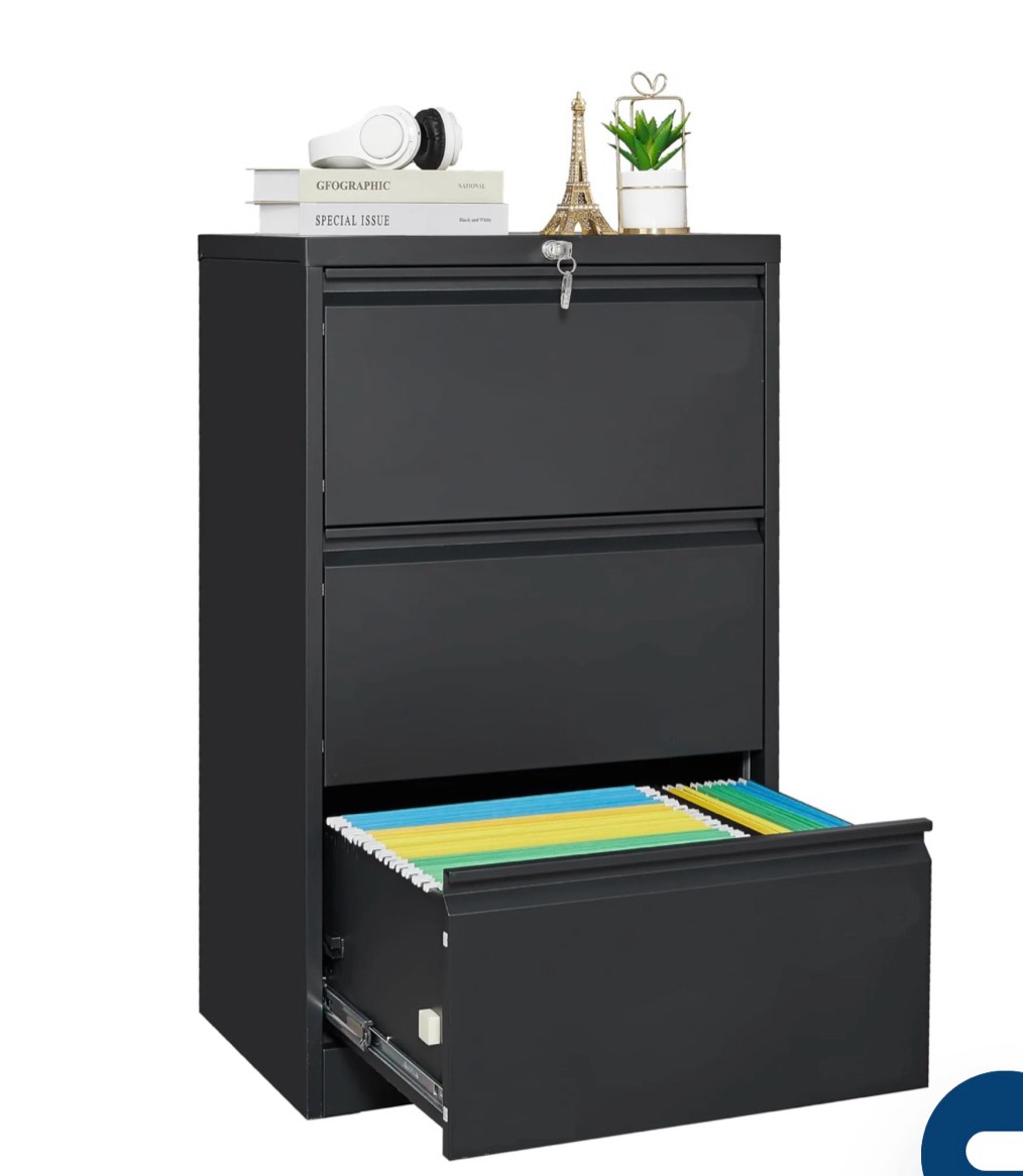 Garvee 3 Drawer File Cabinet with Lock, Metal Lateral File Cabinets for Home Office, Steel Wide Filing Organization Storage Cabinets for Hanging Files Letter/Legal/F4/A4 Size, Black