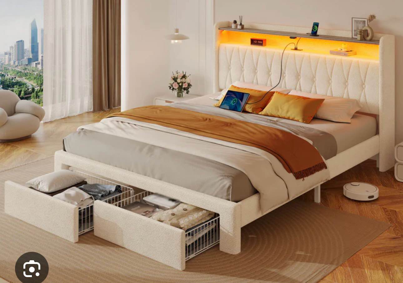 Rolanstar Bed Frame with Drawer, Storage Headboard with Charging Station and LED Lights, Upholstered Bed with Heavy Duty Wood Slats, No Box Spring Needed, Noise Free, Easy Assembly ( Full)