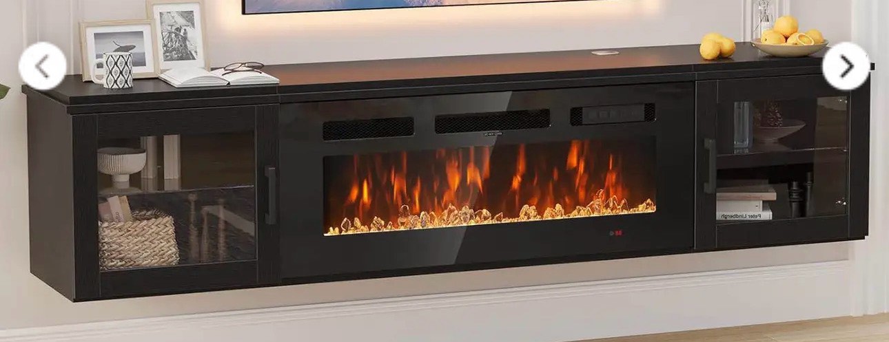 70" Floating TV Stand with 36" Electric Fireplace, High Gloss Finish Wall Mounted Fireplace Entertainment Center with Storage for TVs Up to 80", Black ( Incomplete BOX 1 of 2 ONLY)