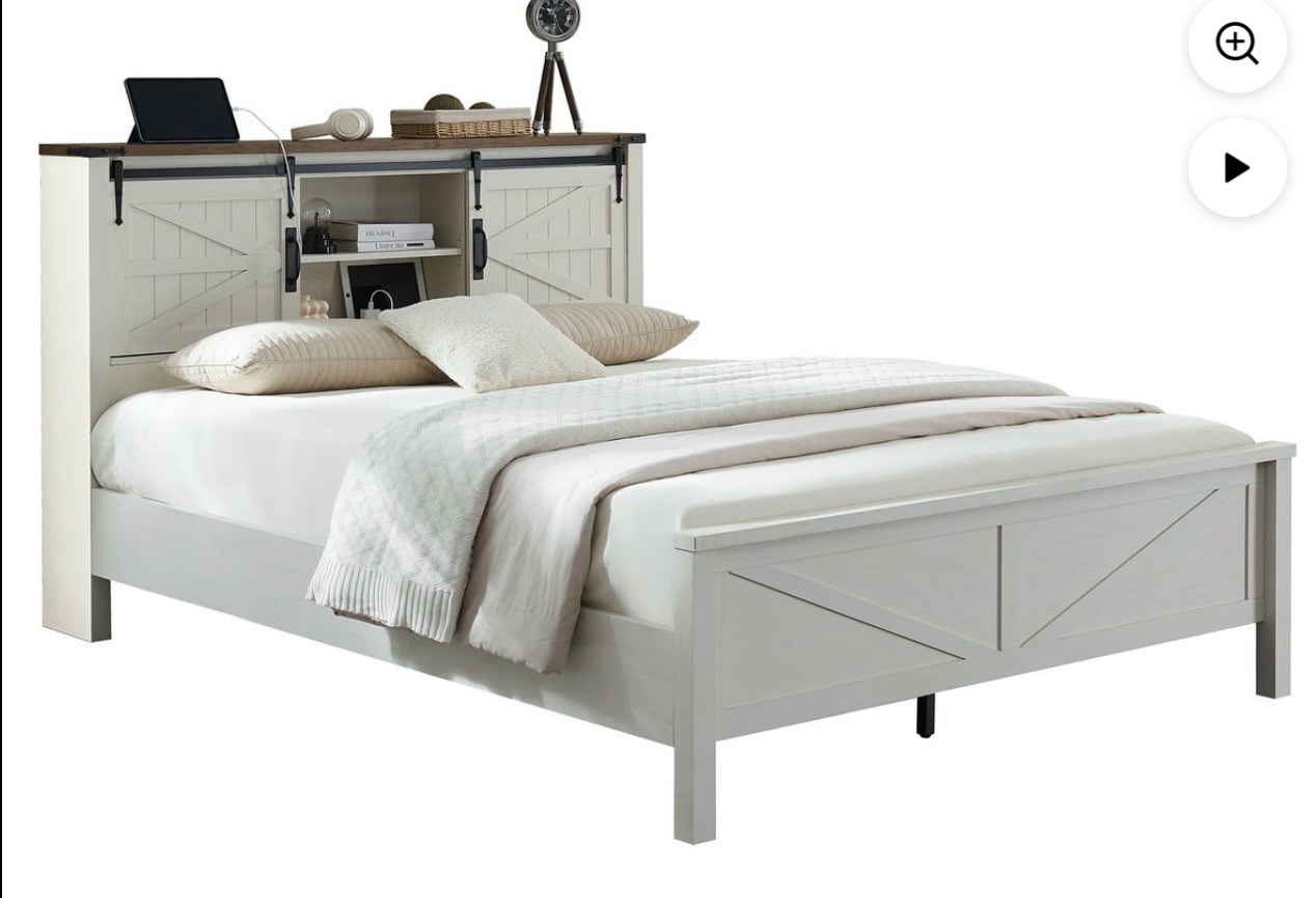 OKD Rustic Wooden Full Size Bed with Shelf, USB Charging Station, Antique White ( Incomplete BOX 1 of 2 ONLY)