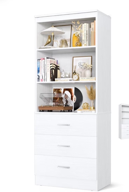 Tall Bookshelf with Drawers, Wooden Bookcase with Open Shelves, 6-Tier Tall Storage Cabinet Book Shelf Storage Organizer for Living Room, Home Office, White (No Charge Station)
