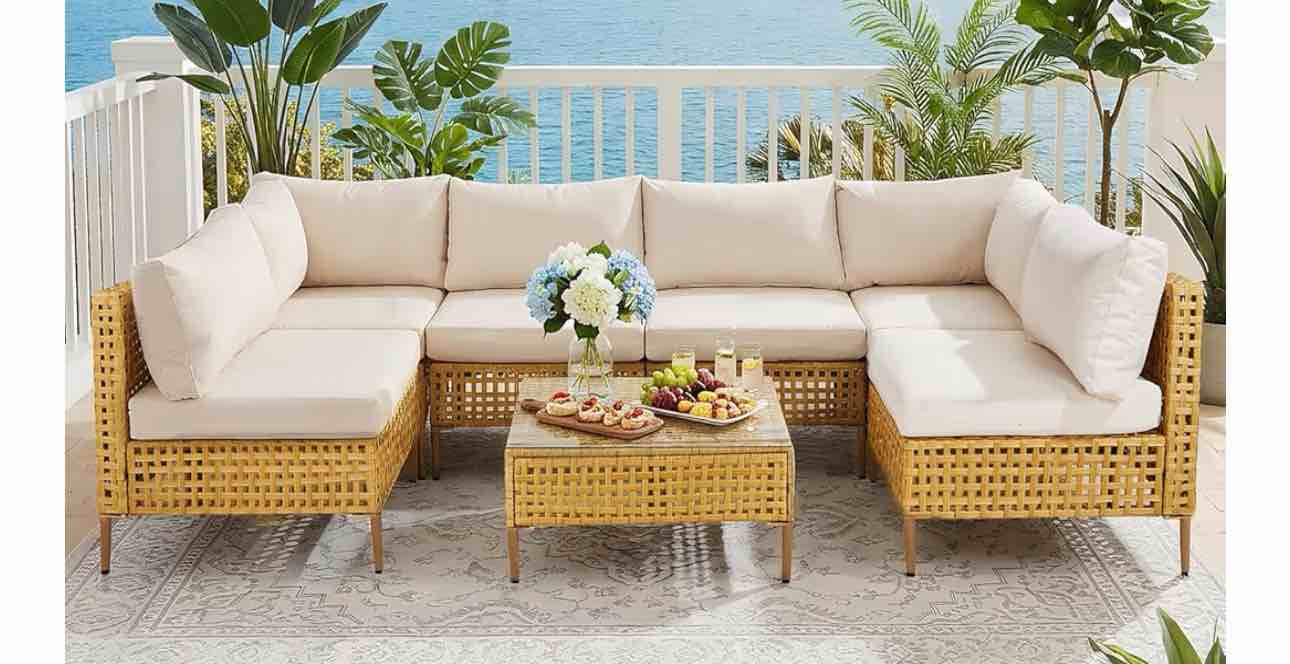VINGLI 7 Piece Patio Sectional Furniture Set, Wicker Outdoor Furniture with Thick Cushions and Coffee Table, Outdoor Couch Conversation Sets for Garden, Backyard, Pool ( 2 BOXES TOTAL)
