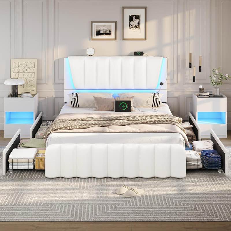 Full Size Upholstered Bed Frame with LED Light and Storage Drawers