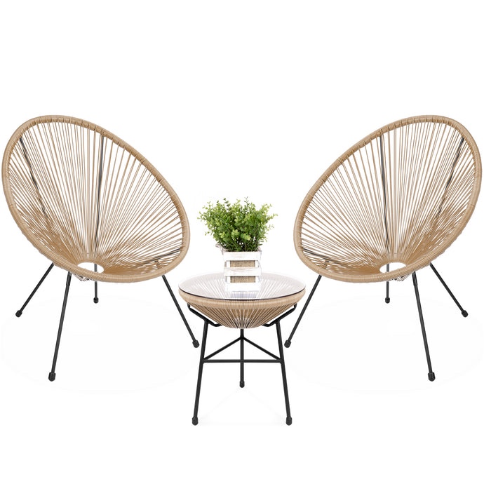 3-Piece All-Weather Patio Acapulco Bistro Set w/ Rope, Glass Top Table 