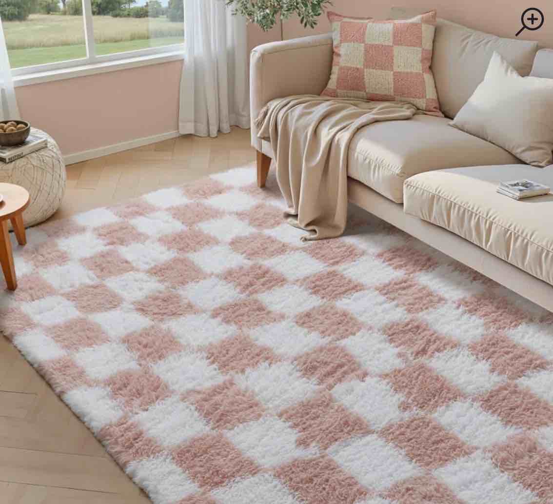 Celi Modern Checkered Shag Area Rug with Non-Slip Rubber Backing in Pink/White