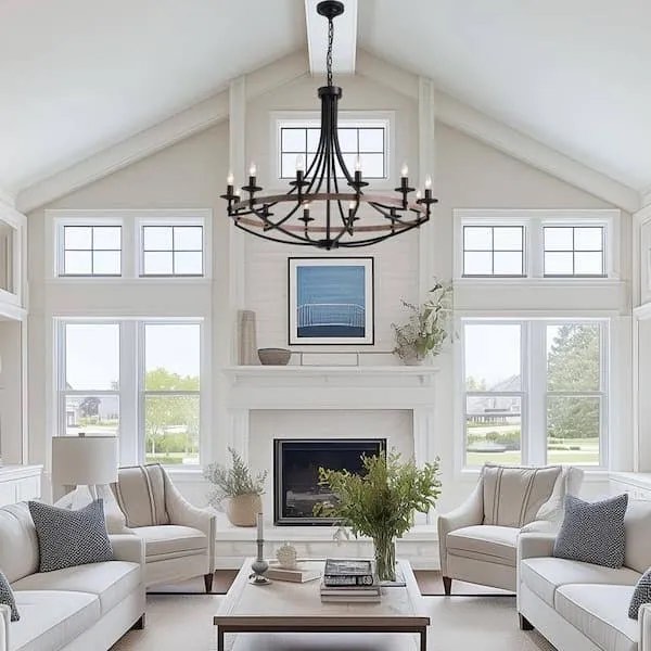 WDETR 12 Light Black Candle Style Dimmable Wagon Wheel Chandelier for Dining Room 