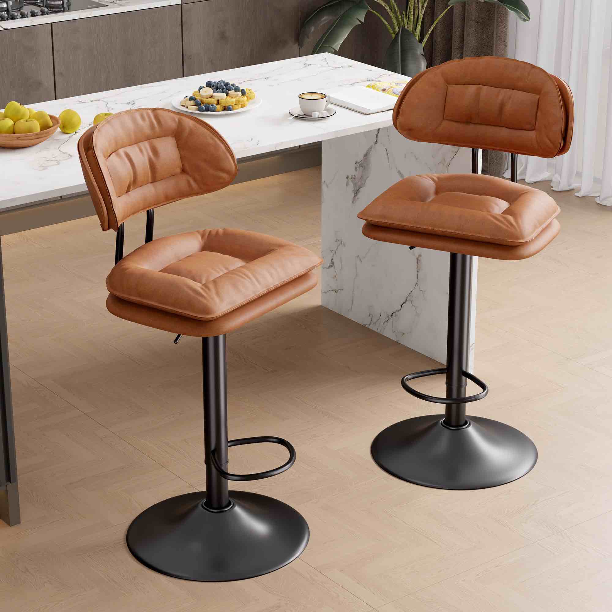 Adjustable Faux Leather Bar Stool With Metal Base Chairs Orange 