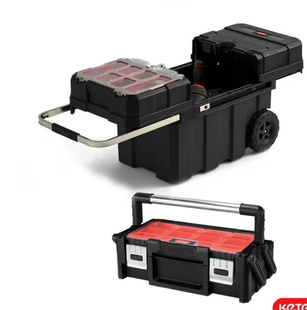 Heavy-Duty Keter Masterloader Rolling ToolBox + 18in Cantilever Organizer / Telescoping Handle