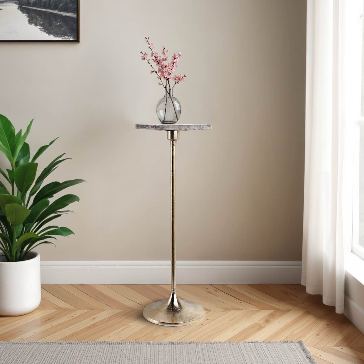 Luxury Marble End Table, Tall Round Marble & Metal Side Table Mode