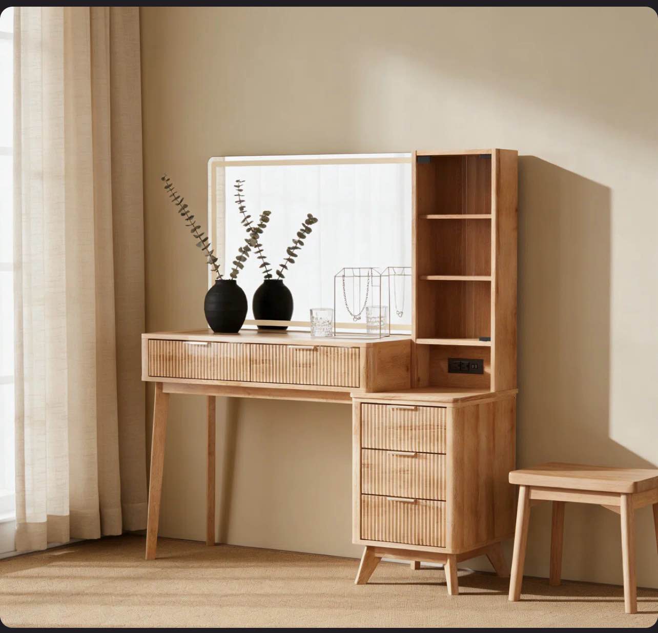 carsin 48" fluted makeup vanity desk with 36" big lighted mirror, wood bedroom vanity with lights & glass top, charging station
