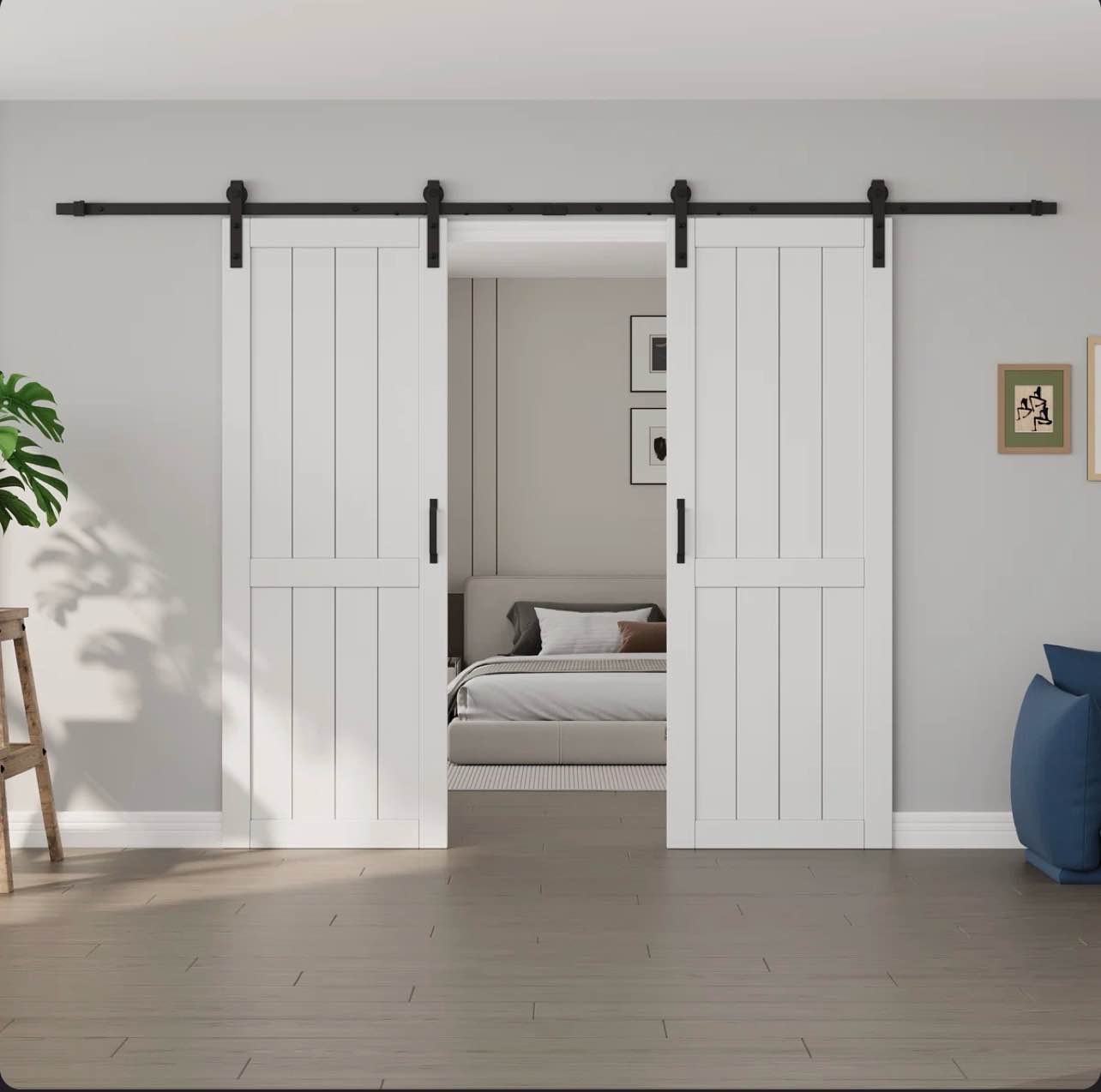 double sliding barn door with installation hardware solid manufactured wood primed white surface paintable closet pantry doors