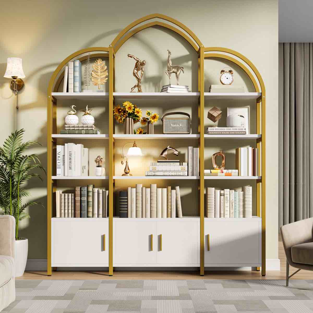 Triple Wide 5 Tier Tall Arched Bookshelf And Bookcase With 3 Cabinet  2026.01.28 10:24