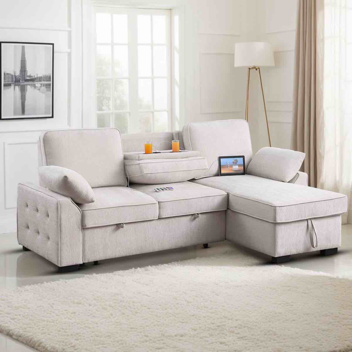 latitude run® 91.5 " modern shariff reversible chenille upholstered sleeper sectional sofa with storage chaise(box 1 of 3)