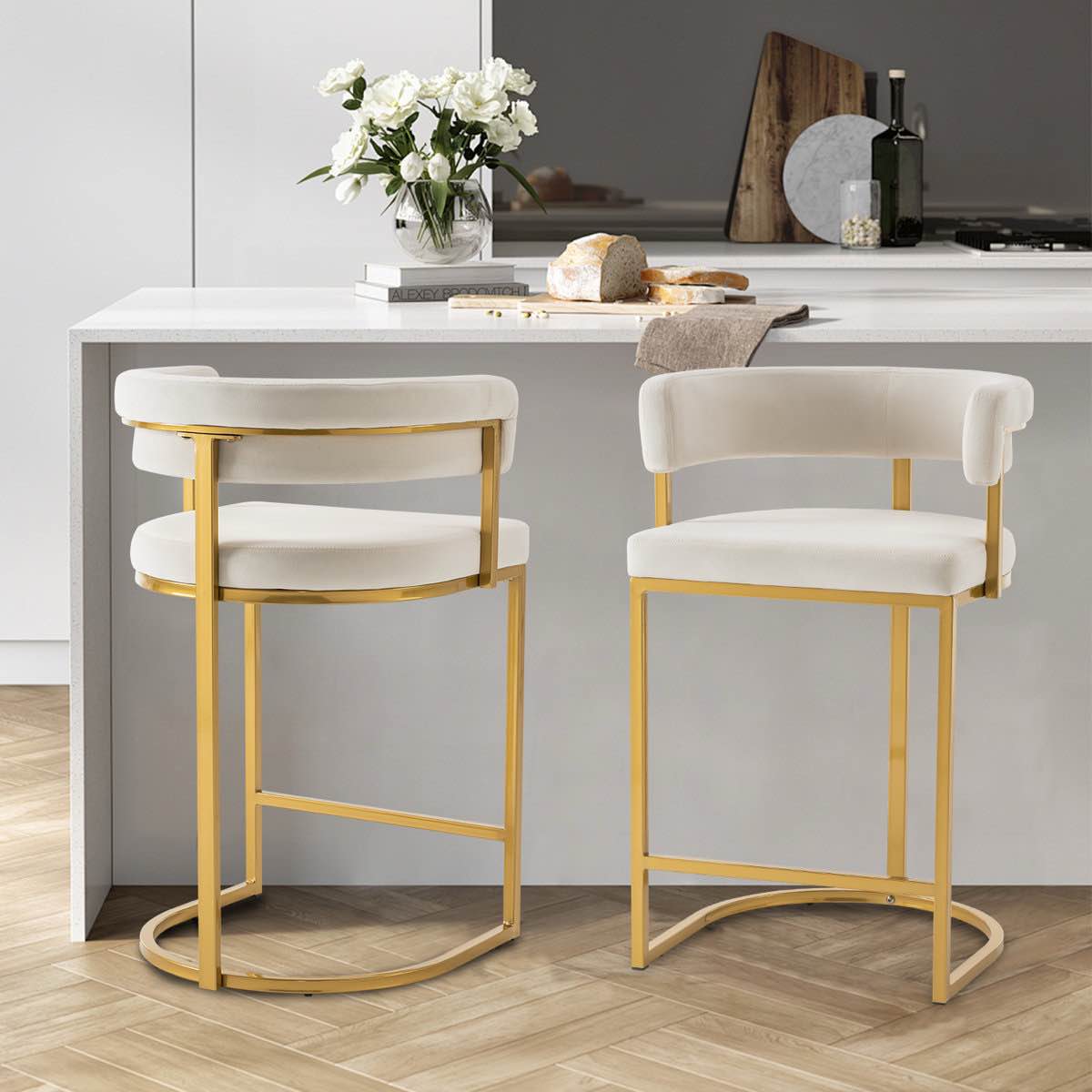 modern velvet bar stools with barrel backrest, upholstered seat, and metal footrest – 25.6-inch seat height, ideal for counters, home bars, and kitchen islands (set of 2)