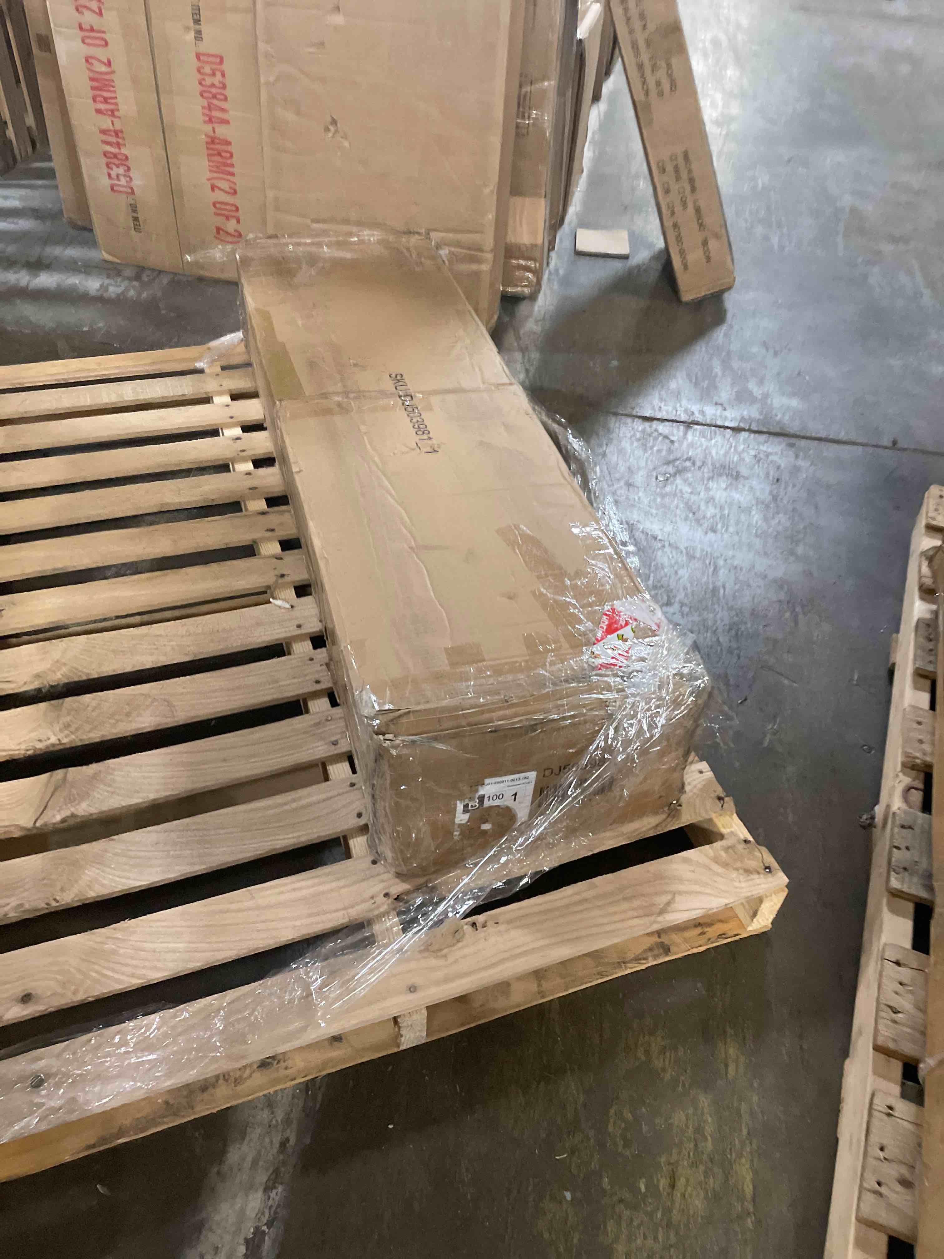 Condition photo showing As Is for INCOMPLETE Farmhouse Bed Frame with LED Headbo