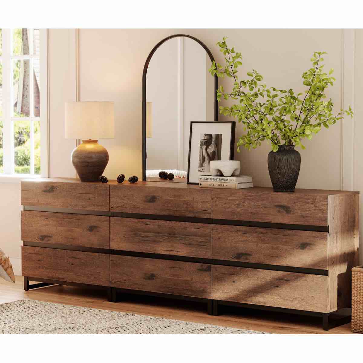 aadam modern wooden dresser for bedroom or living room, closet organizer with 9 spacious drawers, metal base chest of drawers