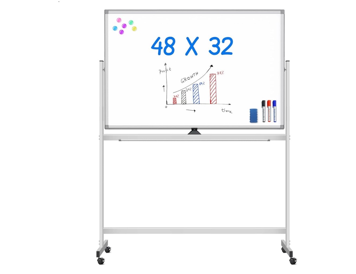maxtek rolling white board on wheels 48x32 inch double side magnetic dry erase board with stand, aluminum frame easel mobile standing whiteboard for office, classroom & home