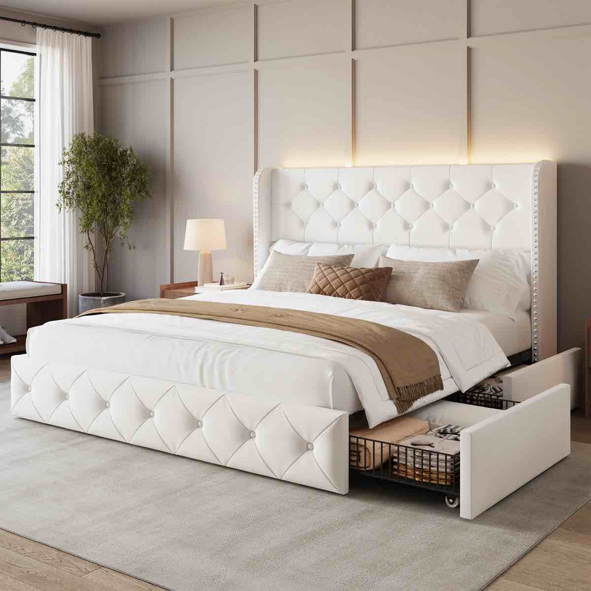 bed frame with storage drawers and tufted headboard velvet upholstered platform, led light wingback