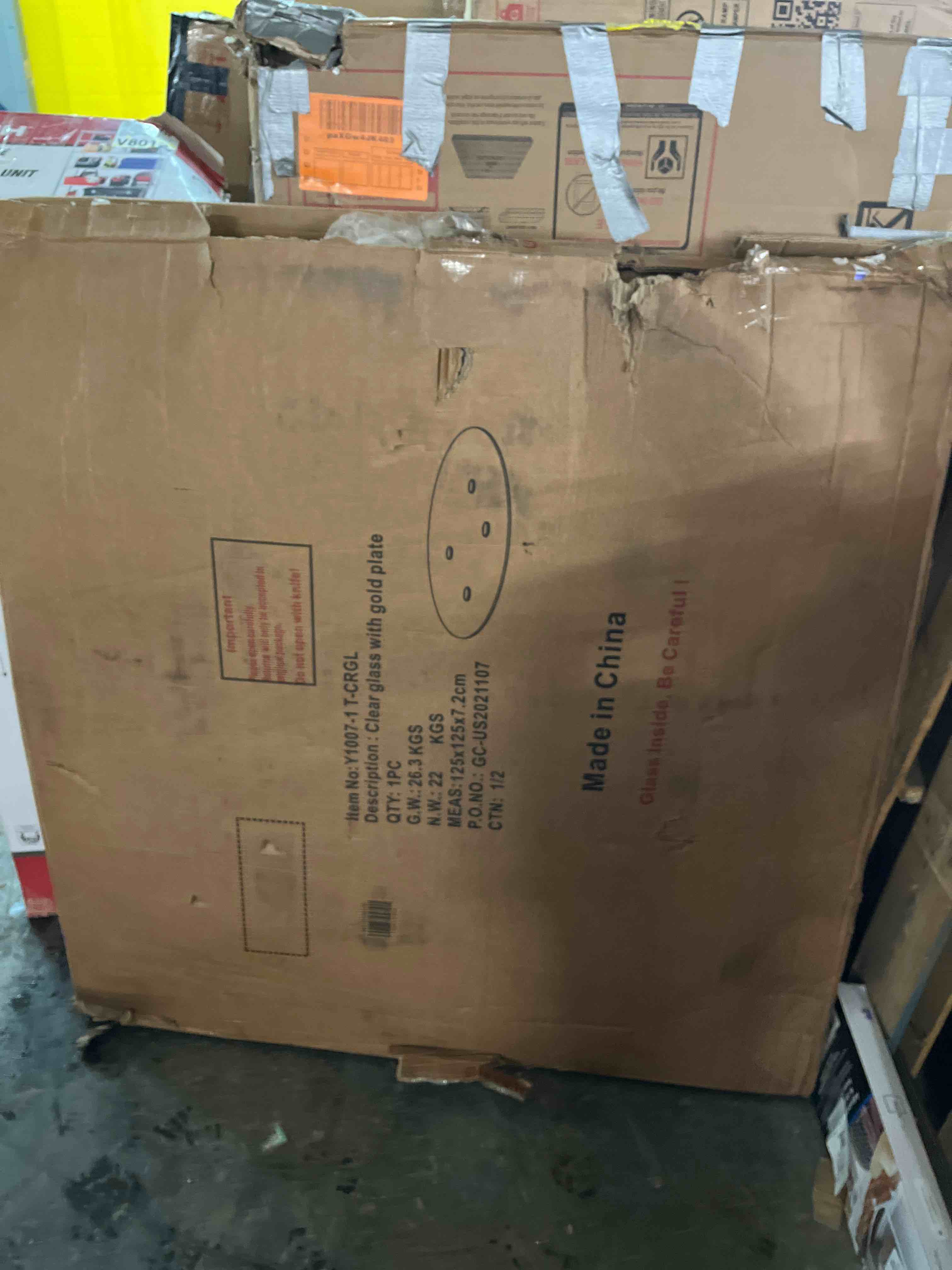 Condition photo showing New/Like New for Tempered clear glass tabletop with a gold-plated metal base(Table top only)