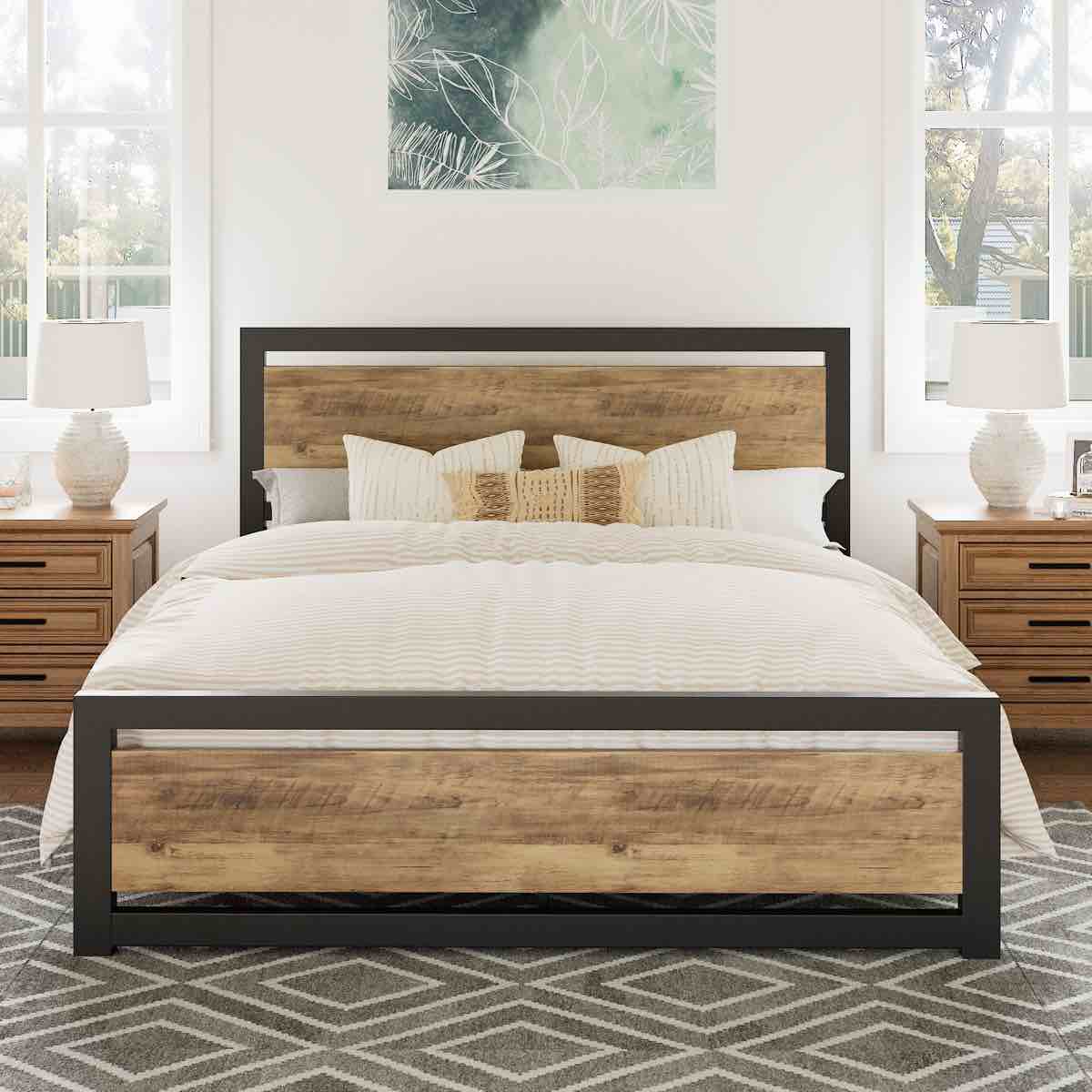 marilee wood and black metal frame bed queen  with headboard