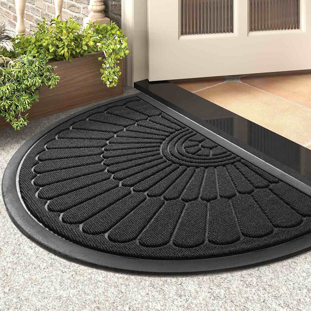 door mat outdoor indoor entrance doormat-semicircular durable rubber non slip front door mat for outside inside entry entryway dirt trapper welcomemat for muddy paws and shoes-black 17”x30”