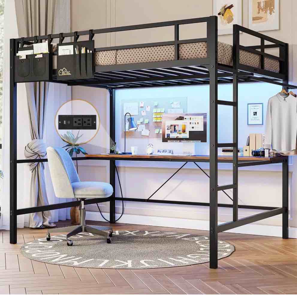 metal full size loft bed frame stairs & full-length guardrail, loft bed frame full size with bag for bedroom, black