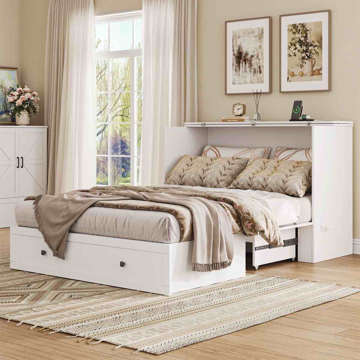 farmhouse murphy bed with storage,murphy bed cabinet with build-in charging station for bedroom,guest room