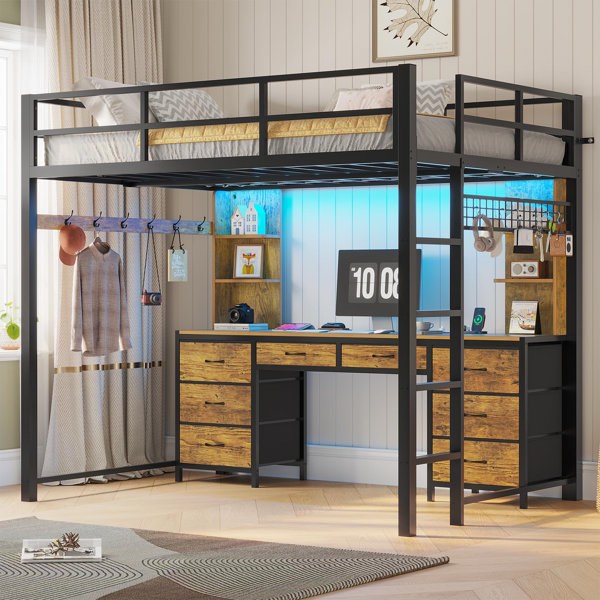 loft bed with desk and charging station, metal loft bed with 8 drawi(box damaged)