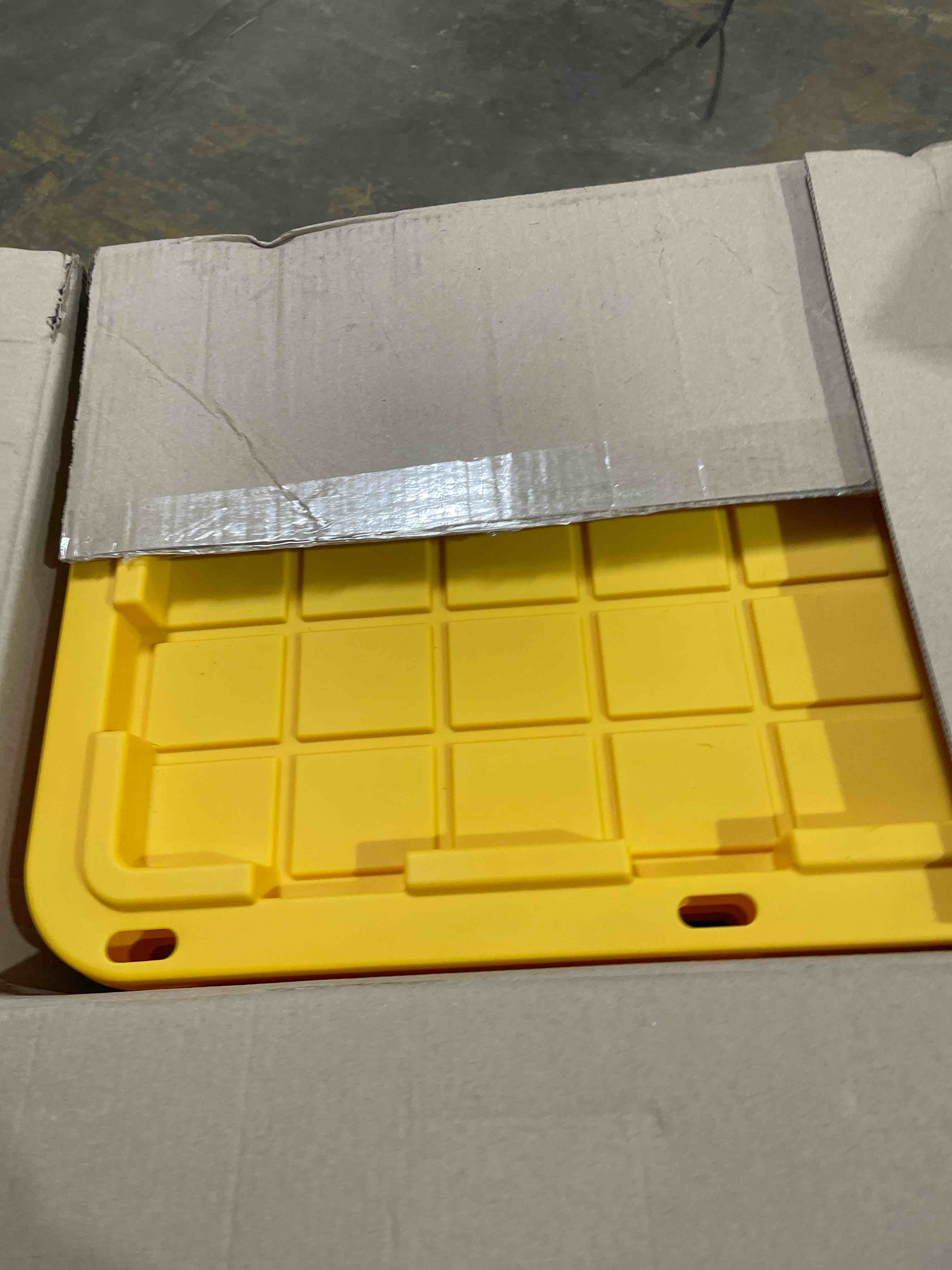 Condition photo showing New/Like New for Member's Mark 27 Gallon Heavy-Duty Black and Yellow Storage Tote, 20.6" D x 30.6" W x 14.3" H, 1 pack or 4 pack