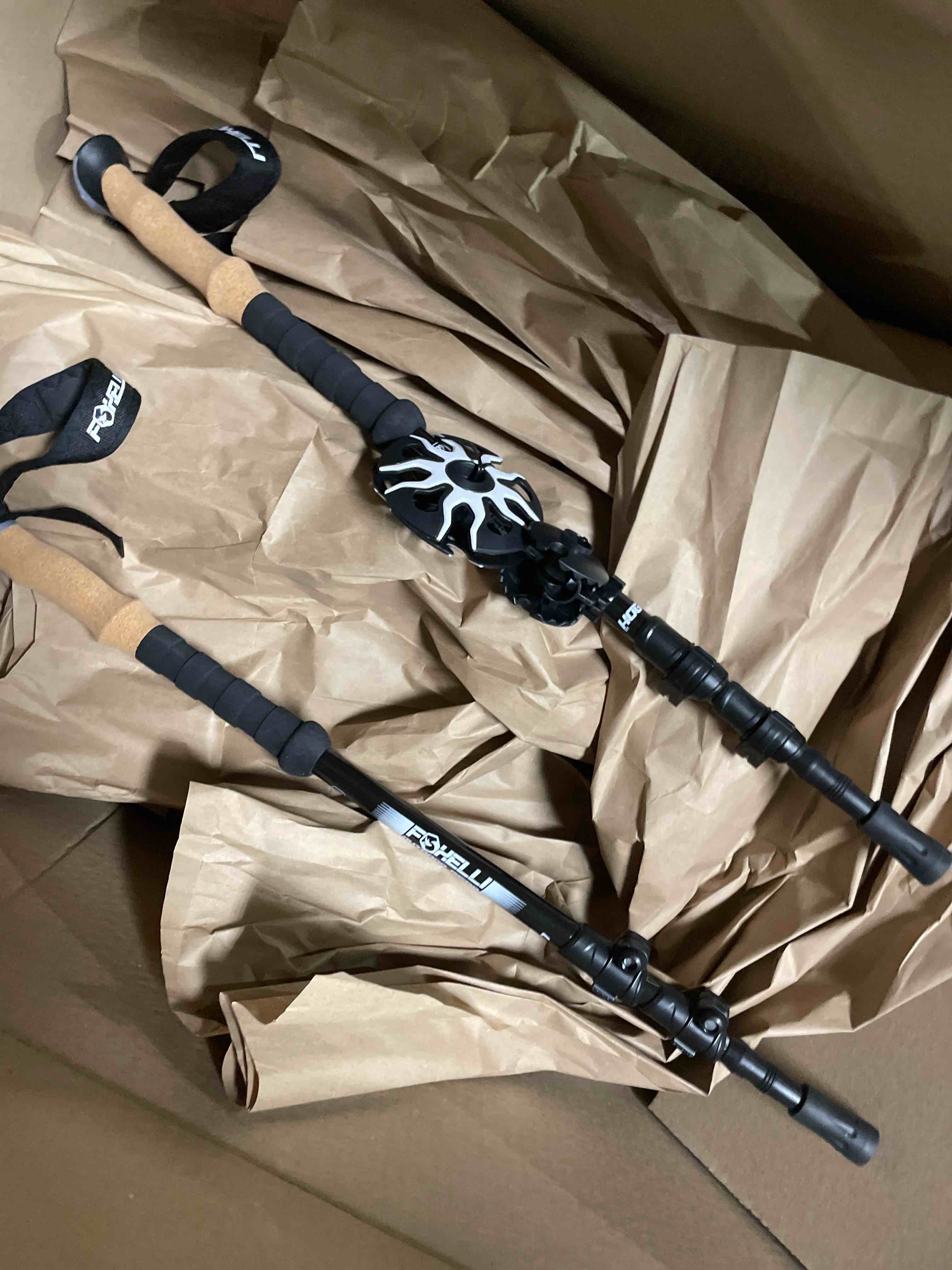 Condition photo showing New/Like New for Premium Foldable Hiking Poles by USA Brand - Adjustable, Lightweight Trekking Poles Made of Aircraft Aluminum, Metal Flip Locks & Comfortable Real Cork and EVA Foam Grips