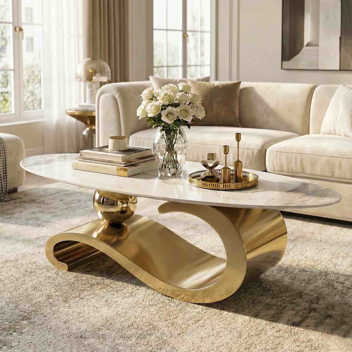51" Luxury Oval Coffee Table with Base and Sintered Stone Top - Musical Note Shaped Base
