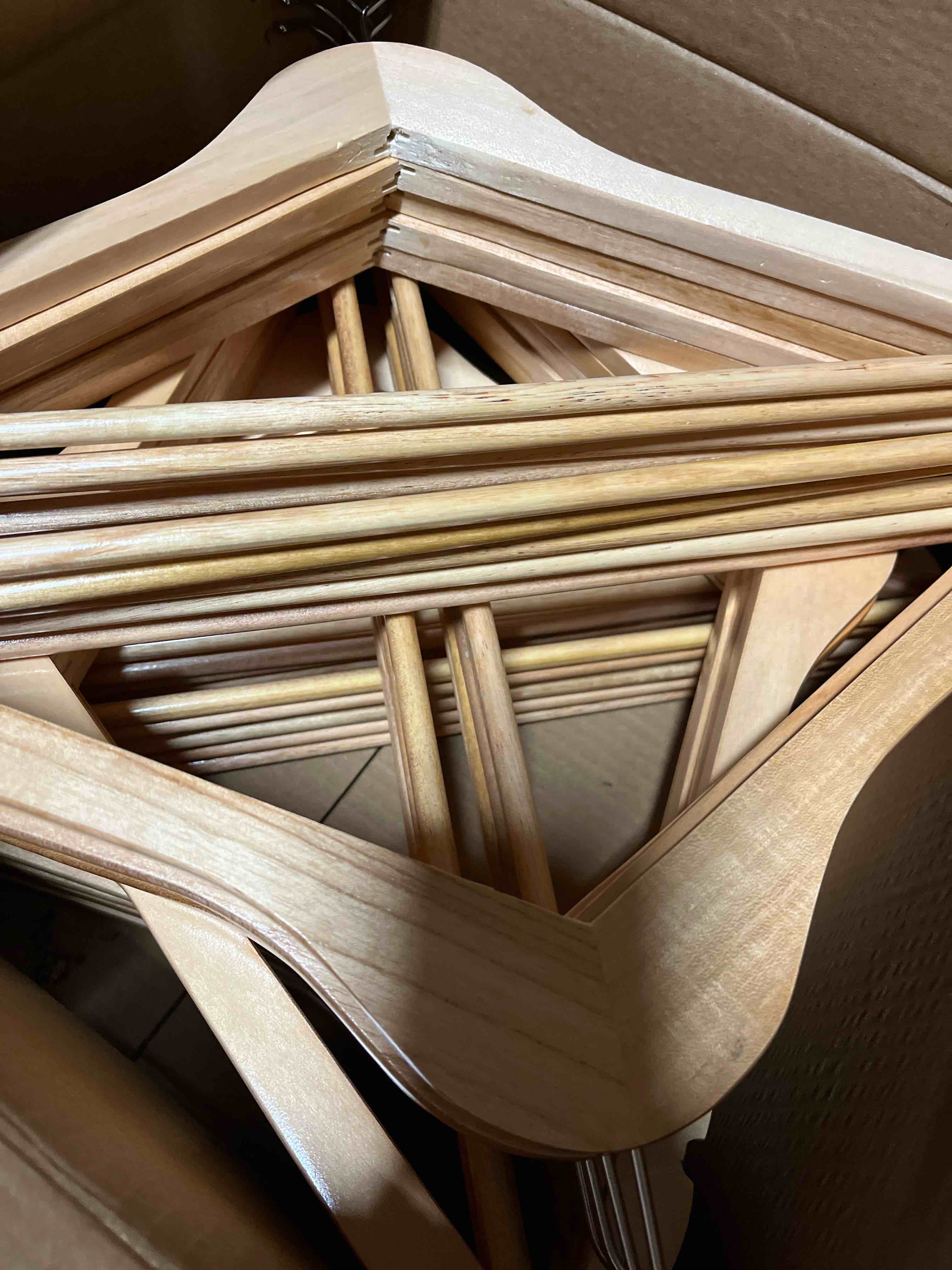 Condition photo showing New/Like New for Amber Home 30 Pack Wooden Coat Hangers, Natural Wood Suit Hangers with Non Slip Pant Bar, Clothes Hangers for Shirts, Jackets, Dress, Pant (Natural, 30) 30 Natural