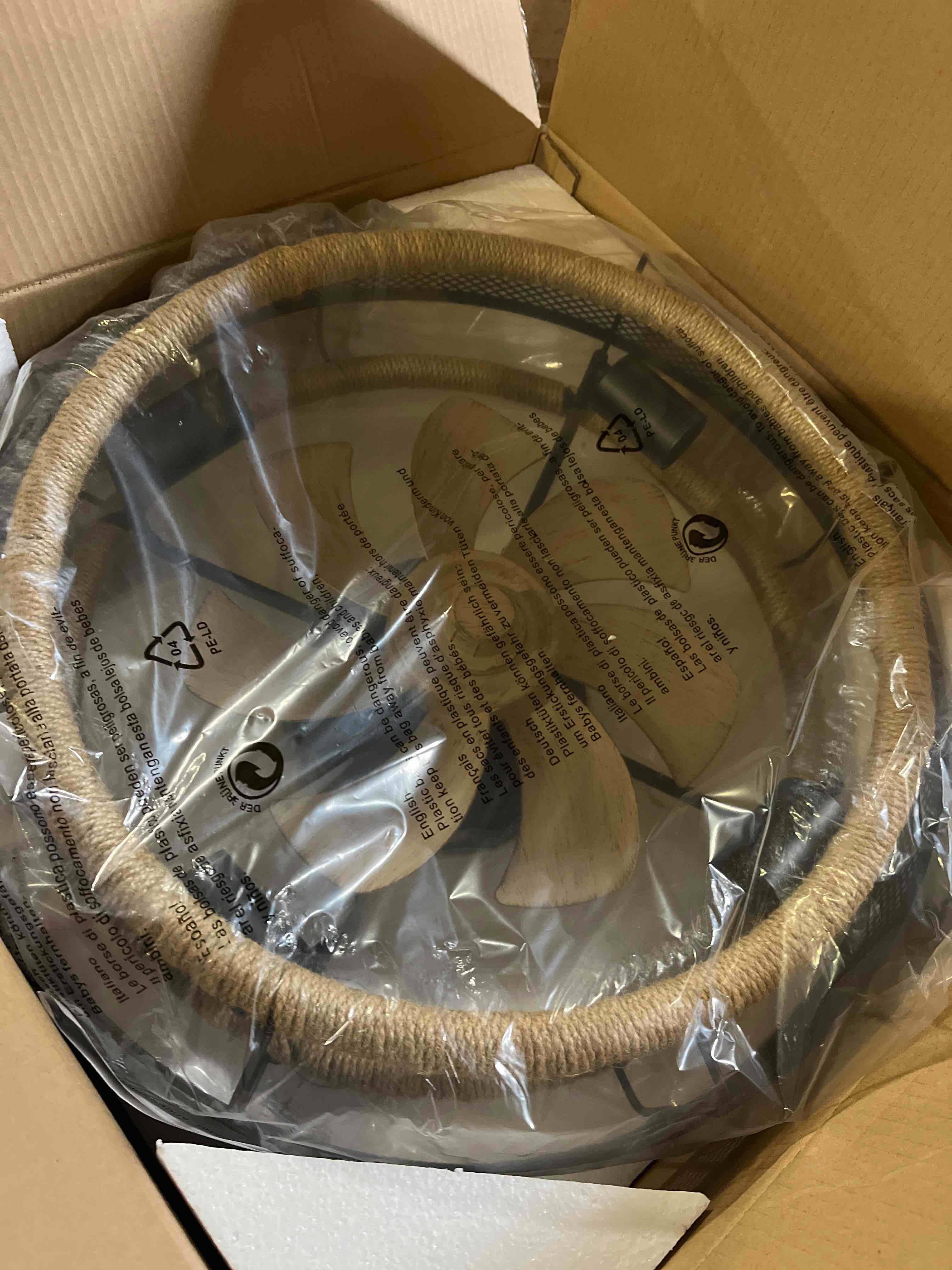 Condition photo showing As Is for LEDIARY 20" Caged Ceiling Fan with Light and Remote, Low Profile Flush Mount Fandelier, Black Gold Bladeless Enclosed Small Fan Lights Ceiling Fixtures, Rustic Farmhouse Style for Bedroom, Outdoor Black and Gold 20 Inch(similar different style)