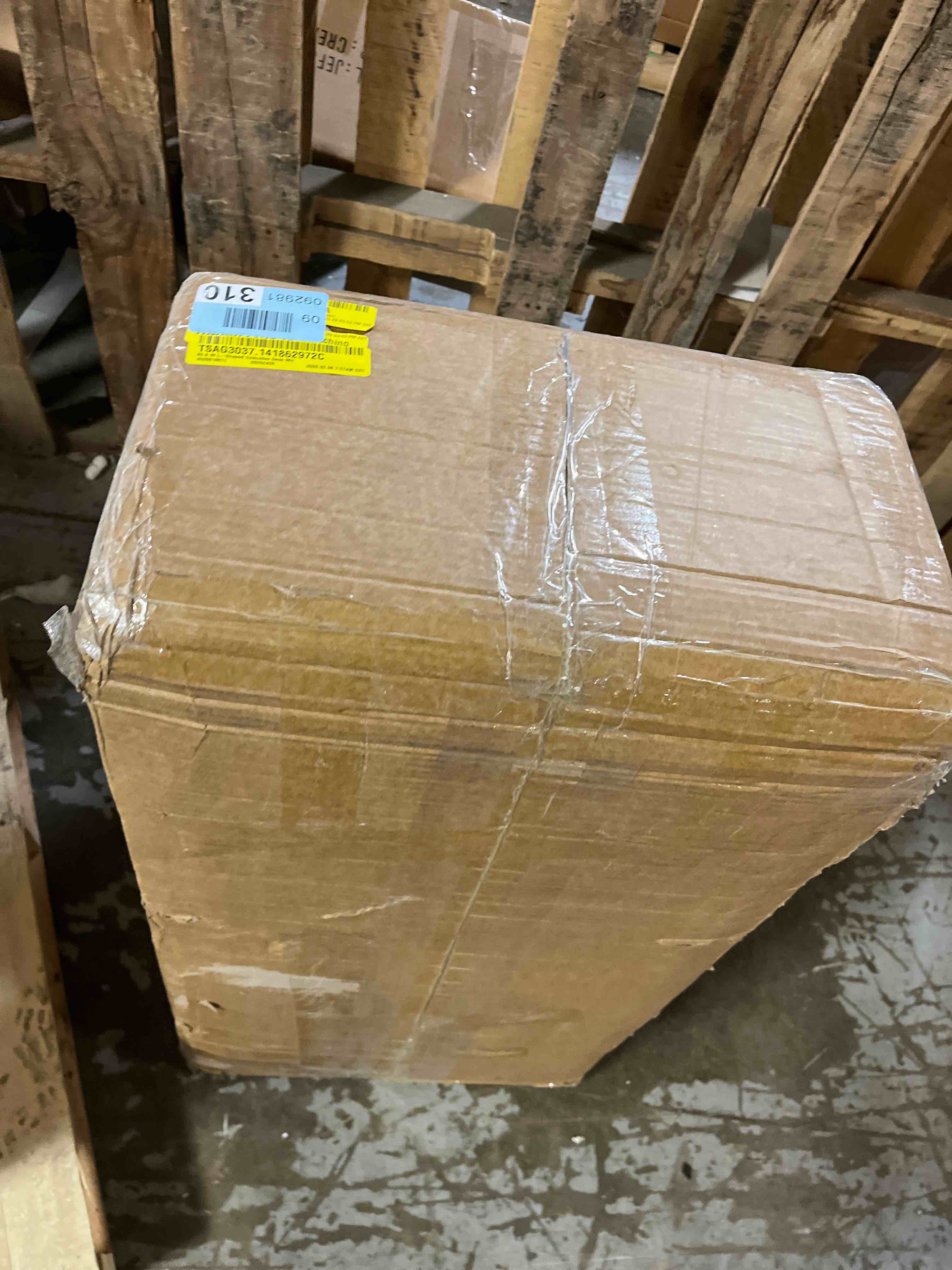 Condition photo showing As Is for 85.8 IN L-Shaped Executive Desk (1 box only incomplete )