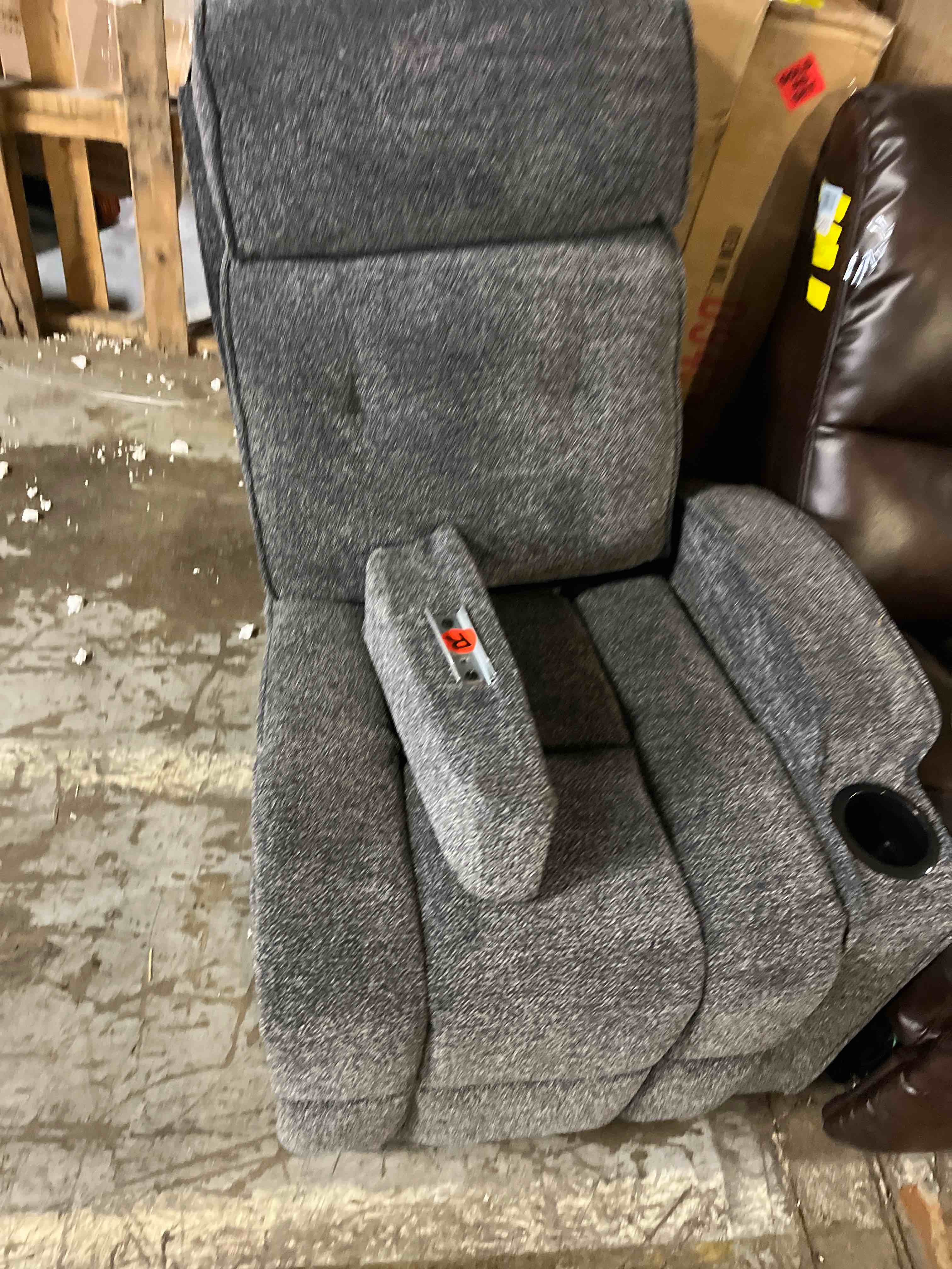 Condition photo showing As Is for CANMOV Manual Recliner Chair with Massage and Heat, Soft Fabric Recliner Chair with Overstuffed Arm and Back, Manual Reclining Single Sofa with 2 Cup Holders, Side Pocket for Living Room, Dark Grey(Missing right side )