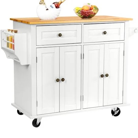 43.3" Wide Rolling Kitchen Island with Storage and Solid Wood Top