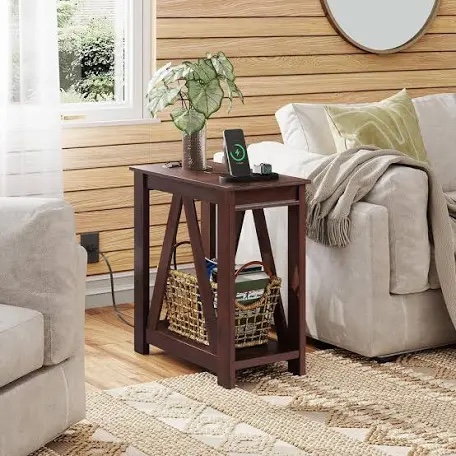 Narrow End Table With Charging Station And Storage Shelf, Farmhouse