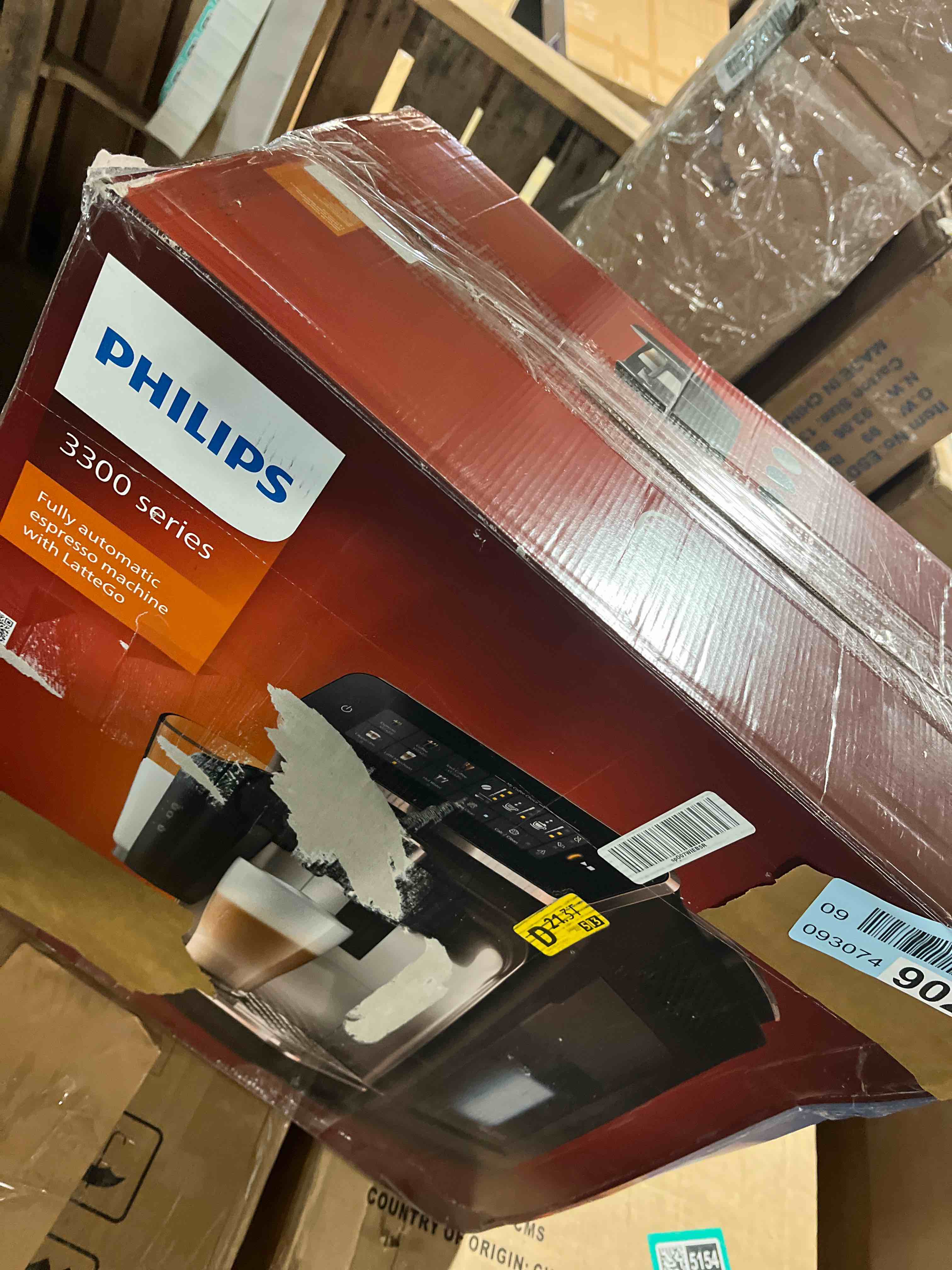 Condition photo showing As Is for Philips 3300 Series Fully Automatic Espresso Machine with LatteGo Milk System and integrated grinder, 6 Hot & Iced Coffee Pre-Sets, 40% Quieter SilentBrew, 15-Bar Pressure, Glossy Black (EP3341/50) Glossy Black Latte (BOX DAMAGED)