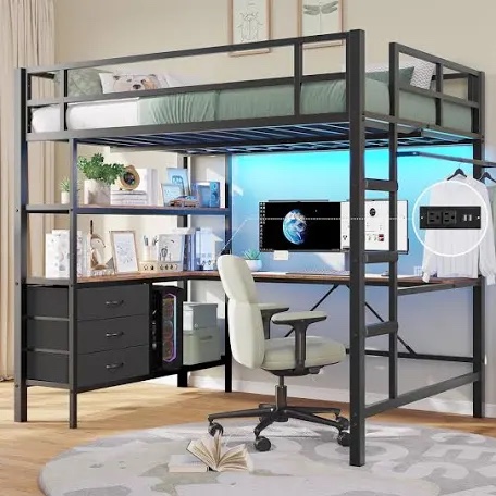 Full Size Loft Bed With L-Shaped Desk And Charging Station(Incomplete Box 1 of 2)