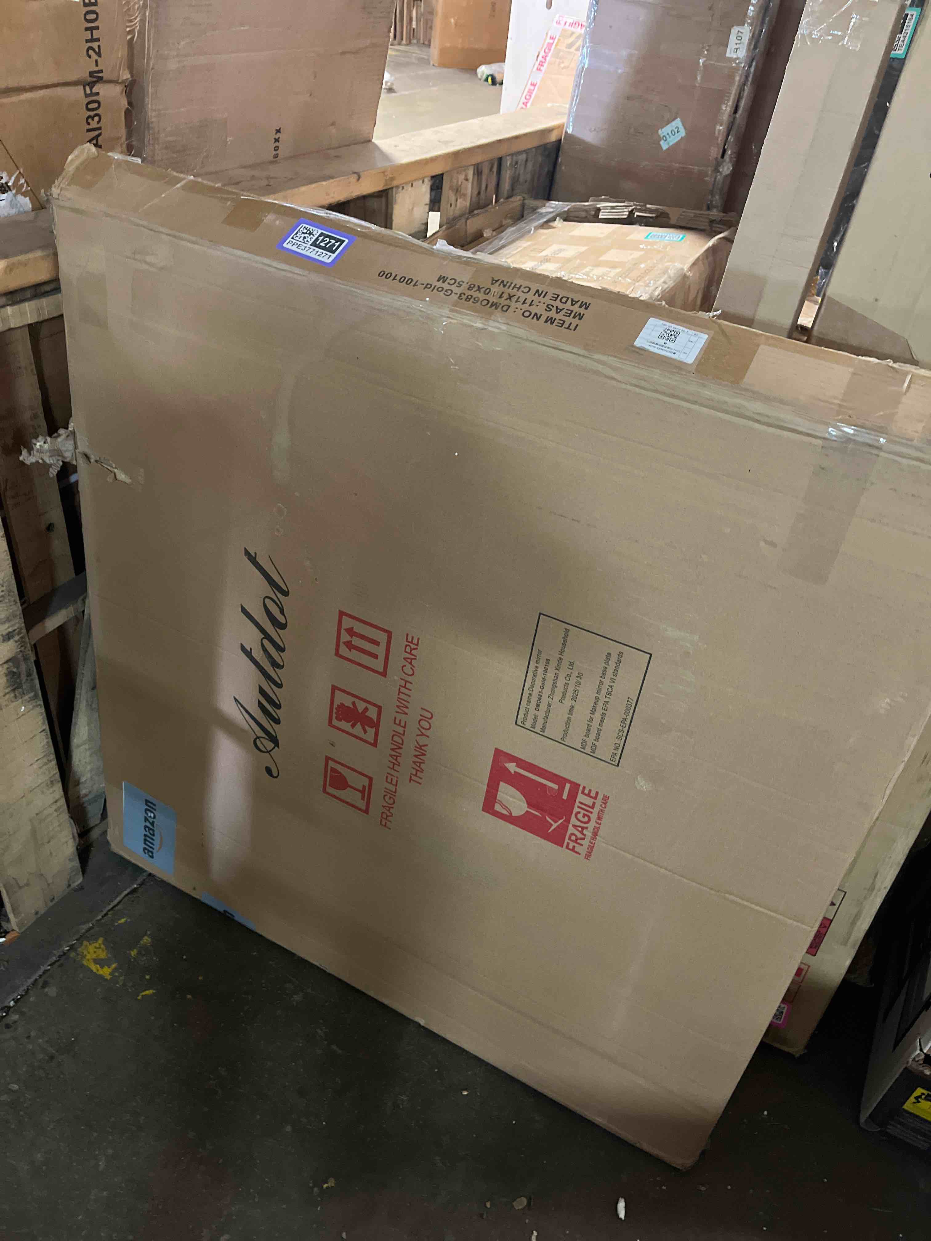 Condition photo showing New/Like New for Large 35.5"x35.5" Round Mirrors for Wall Decor with Gold Geometric Pattern, Beveled Edge, Gold Decorative Mirror for Retro Living Room, Stylish Entryway, Bedroom and Bathroom