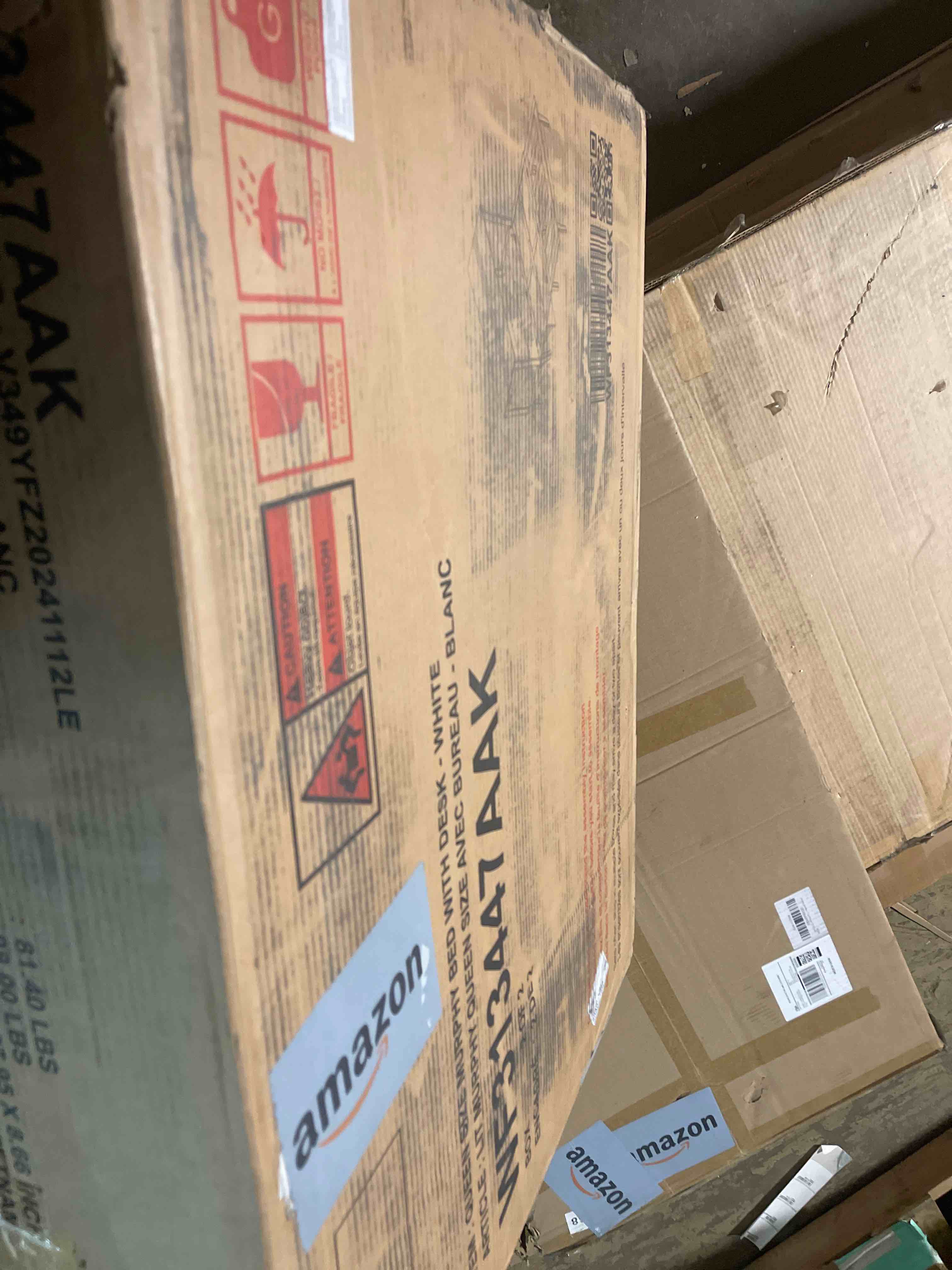 Condition photo showing As Is for AMERLIFE Queen Murphy Bed with Storage & Charging Station, Farmhouse Murphy Cabinet with Foldable Panel, Noisy Free, for Guest Bedroom, Living Room, Office, Distressed White & Barnwood