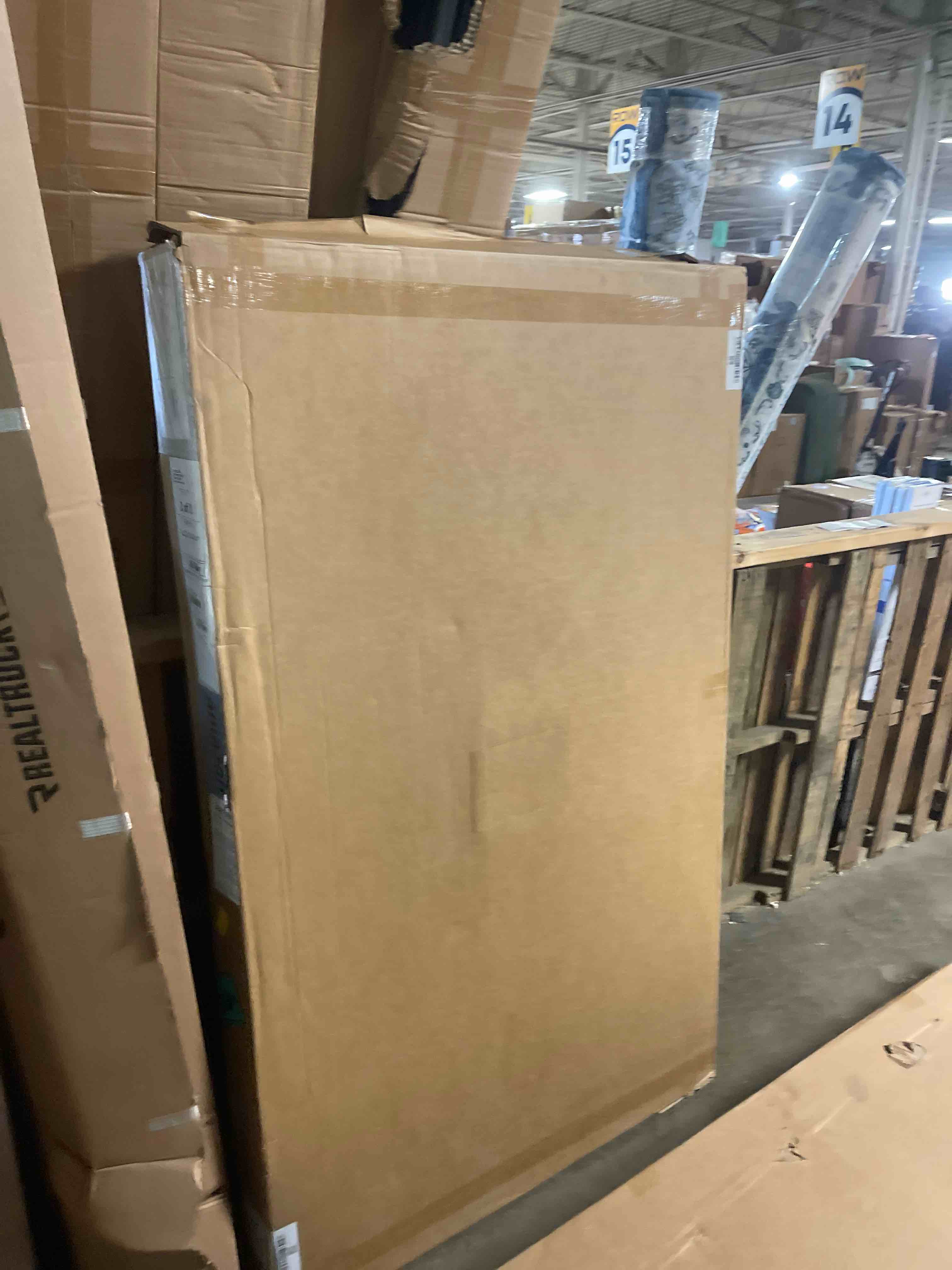 Condition photo showing As Is for DreamLine SlimLine 32 in. D x 60 in. W x 2 3/4 in. H Left Drain Single Threshold Shower Base in White, (Box has been opened)