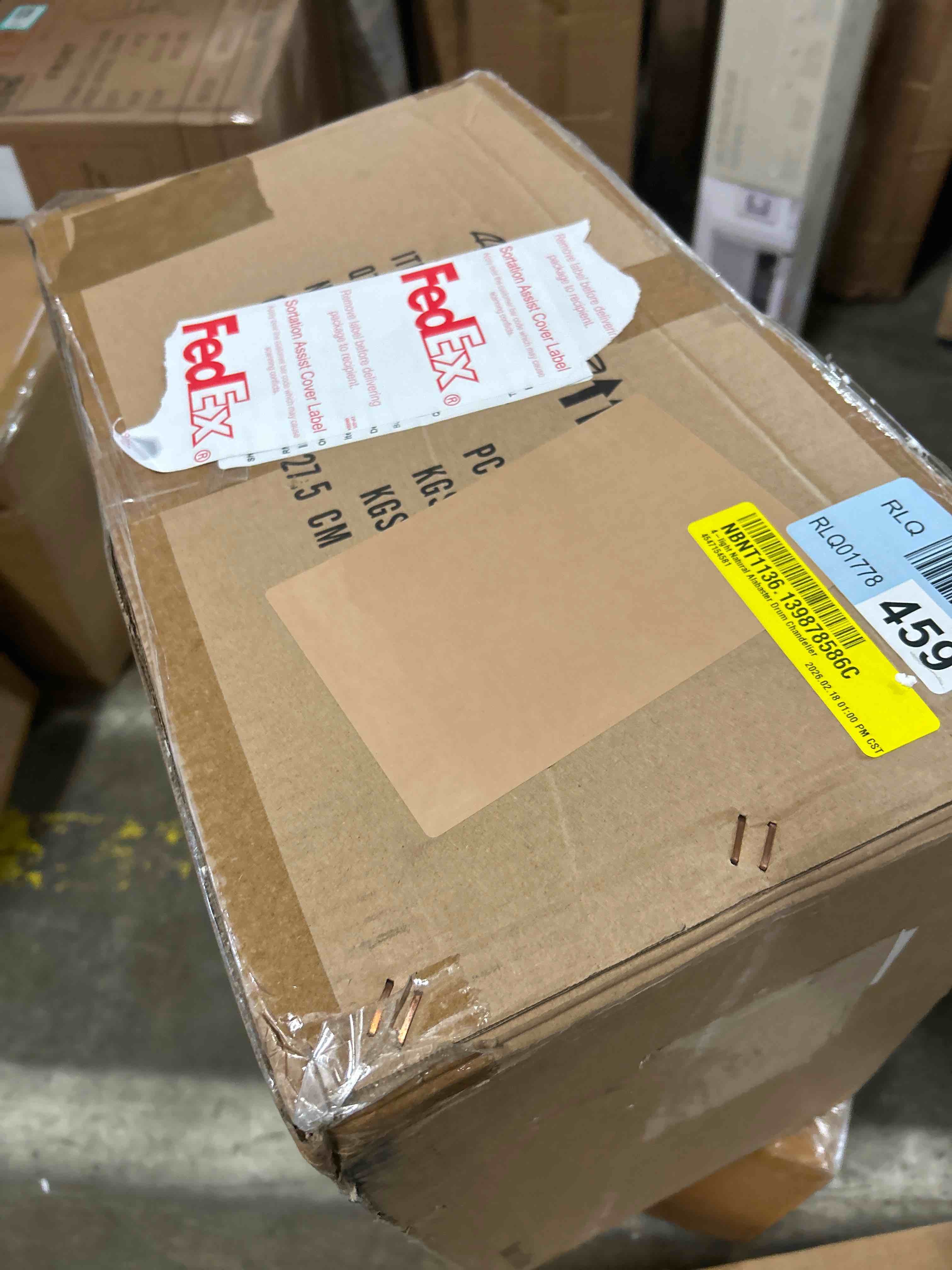 Condition photo showing New/Like New for 4-light Natural Alabaster Drum Chandelier